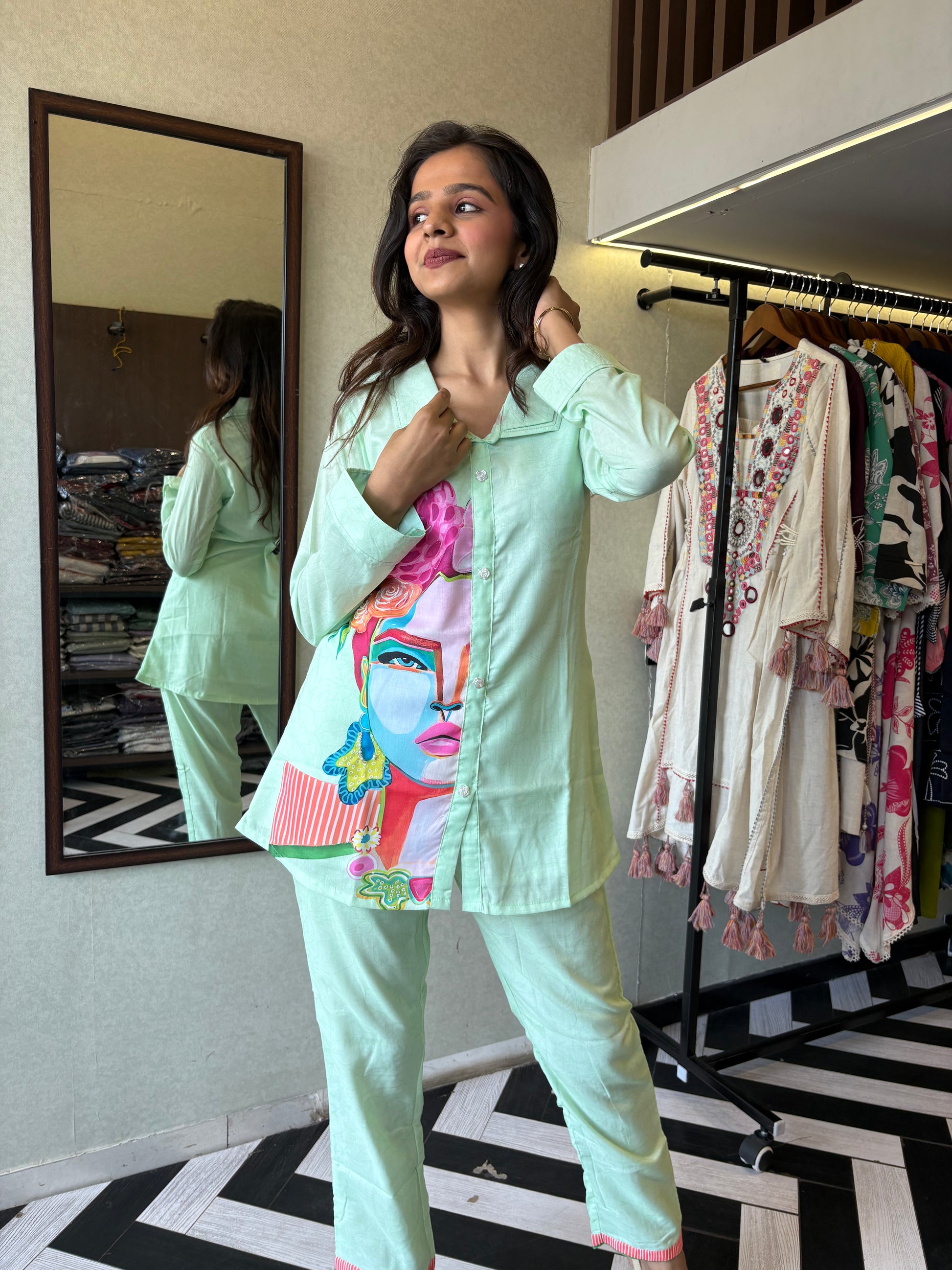 Pure cotton 2-piece coord set in soothing pista color - designed with elegant prints and made for all-day comfort.