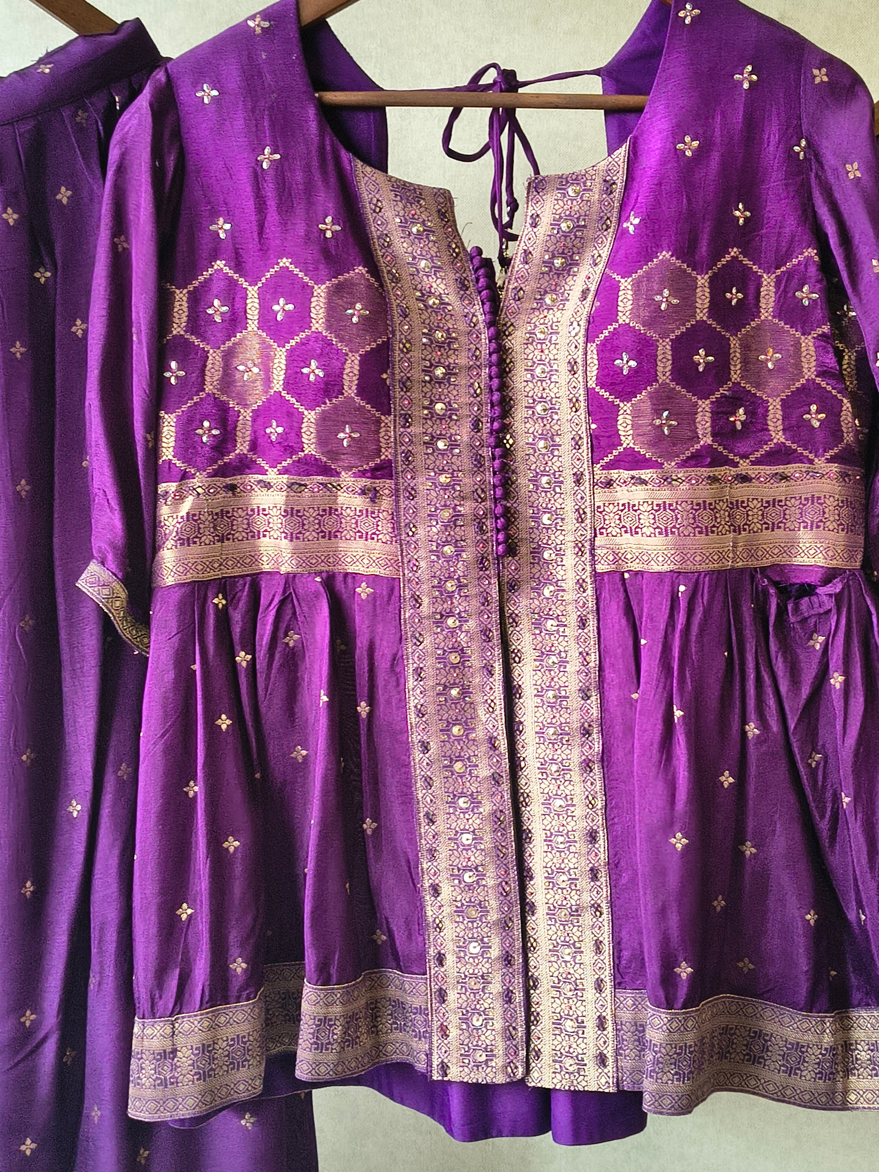 Image of Royal Purple Tissue Silk Embroidered Peplum Jacket with Flared Palazzo & Designer Dupatta – 3 Piece Festive Indo-Western Set