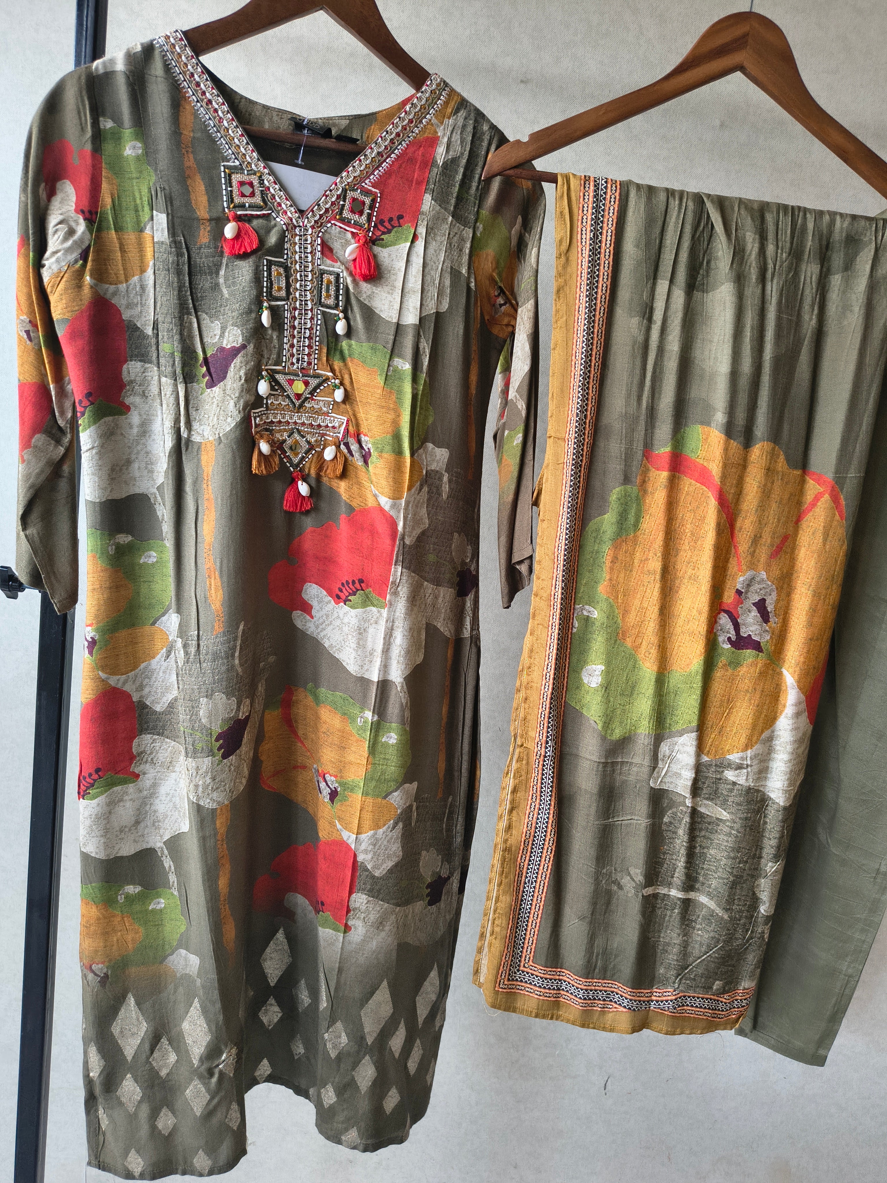 Image of Premium Olive Green Floral Printed Kurta Set with Embellished Neckline, Solid Pants & Printed Dupatta