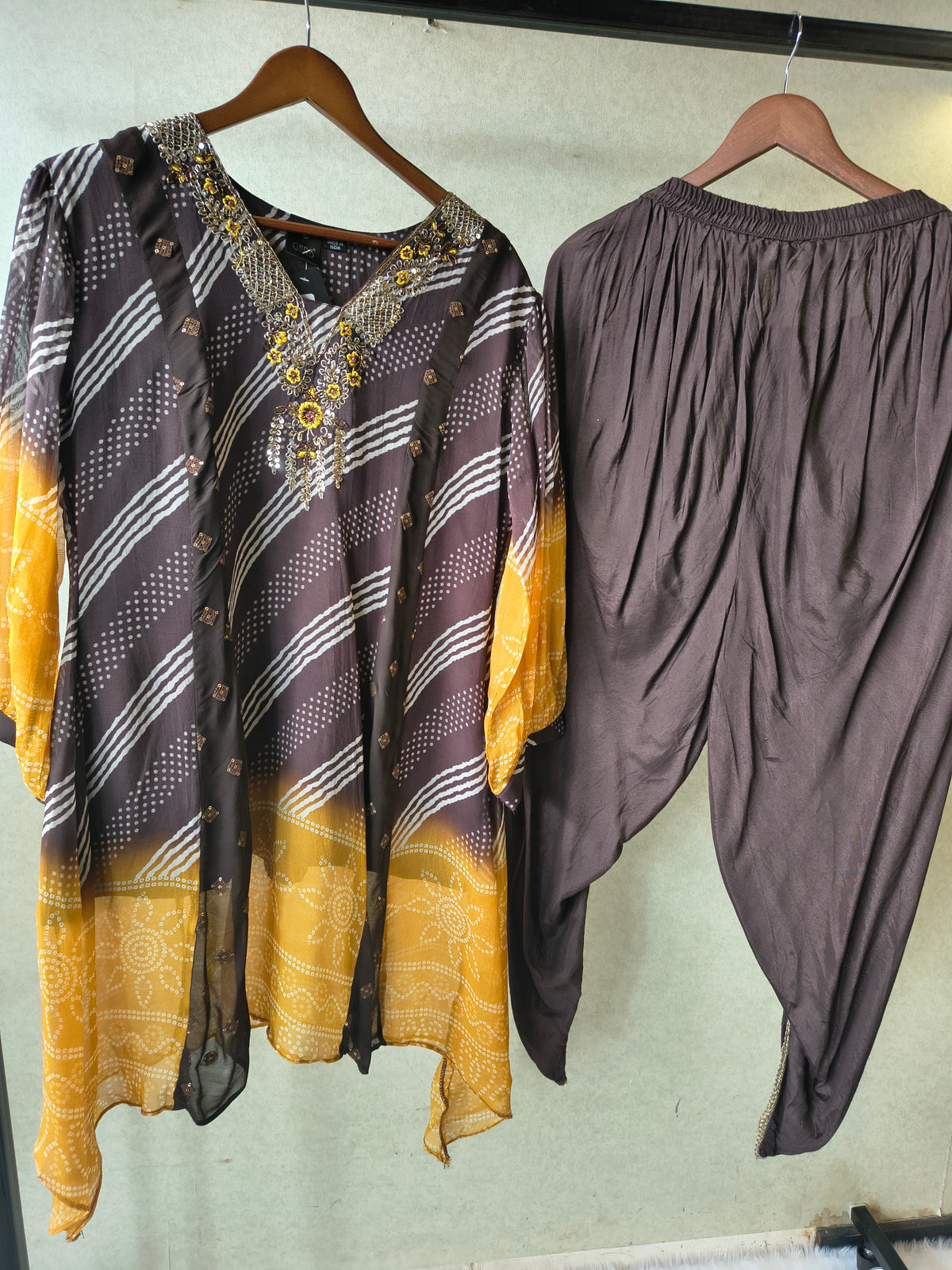 Premium Charcoal & Mustard Bandhani Print Kaftan Kurta with Dhoti Pants Set