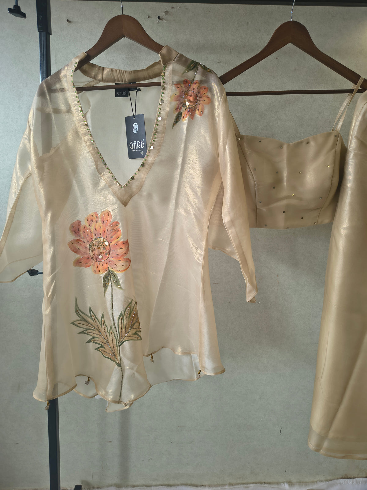 Champagne Gold Floral Hand-Painted Kaftan Co-ord Set with Embellished Blouse & Satin Palazzo