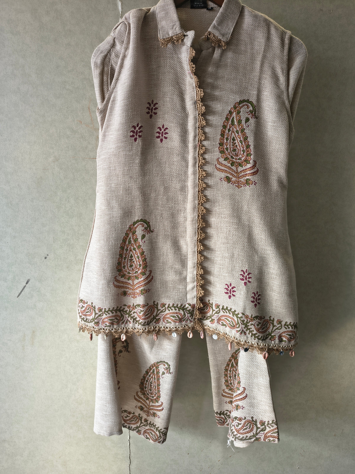 Natural Beige Paisley Printed Sleeveless Designer Co-Ord Set