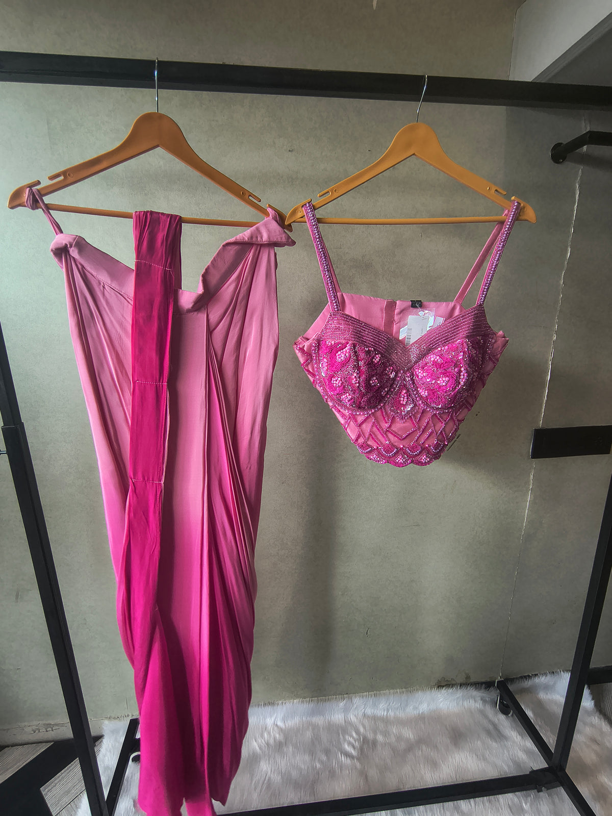 Premium Ombre Pink Satin Saree with Hand Embroidered Designer Blouse