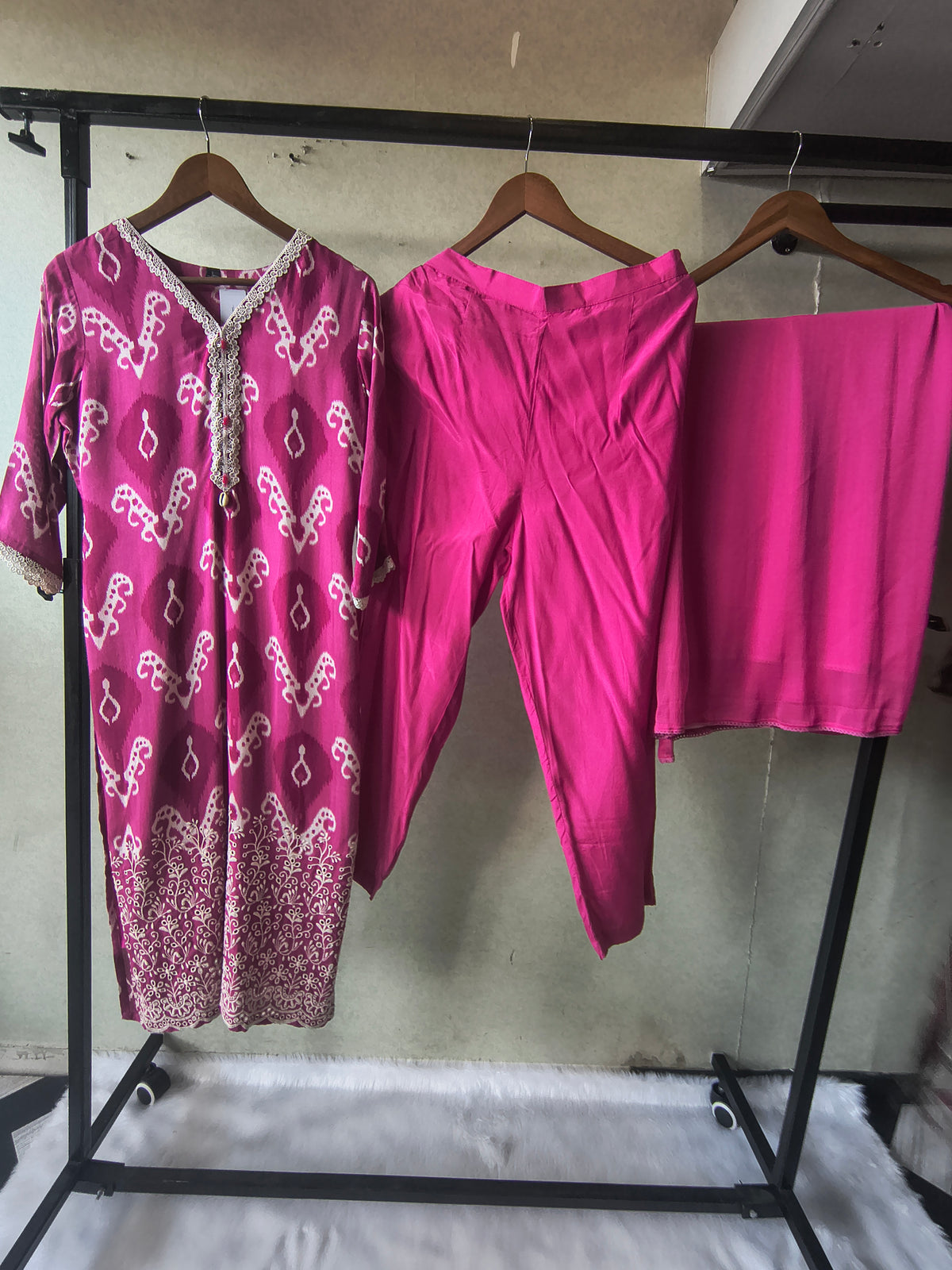 Premium Magenta Ikat Printed Cotton Kurta Set with Solid Pants & Dupatta
