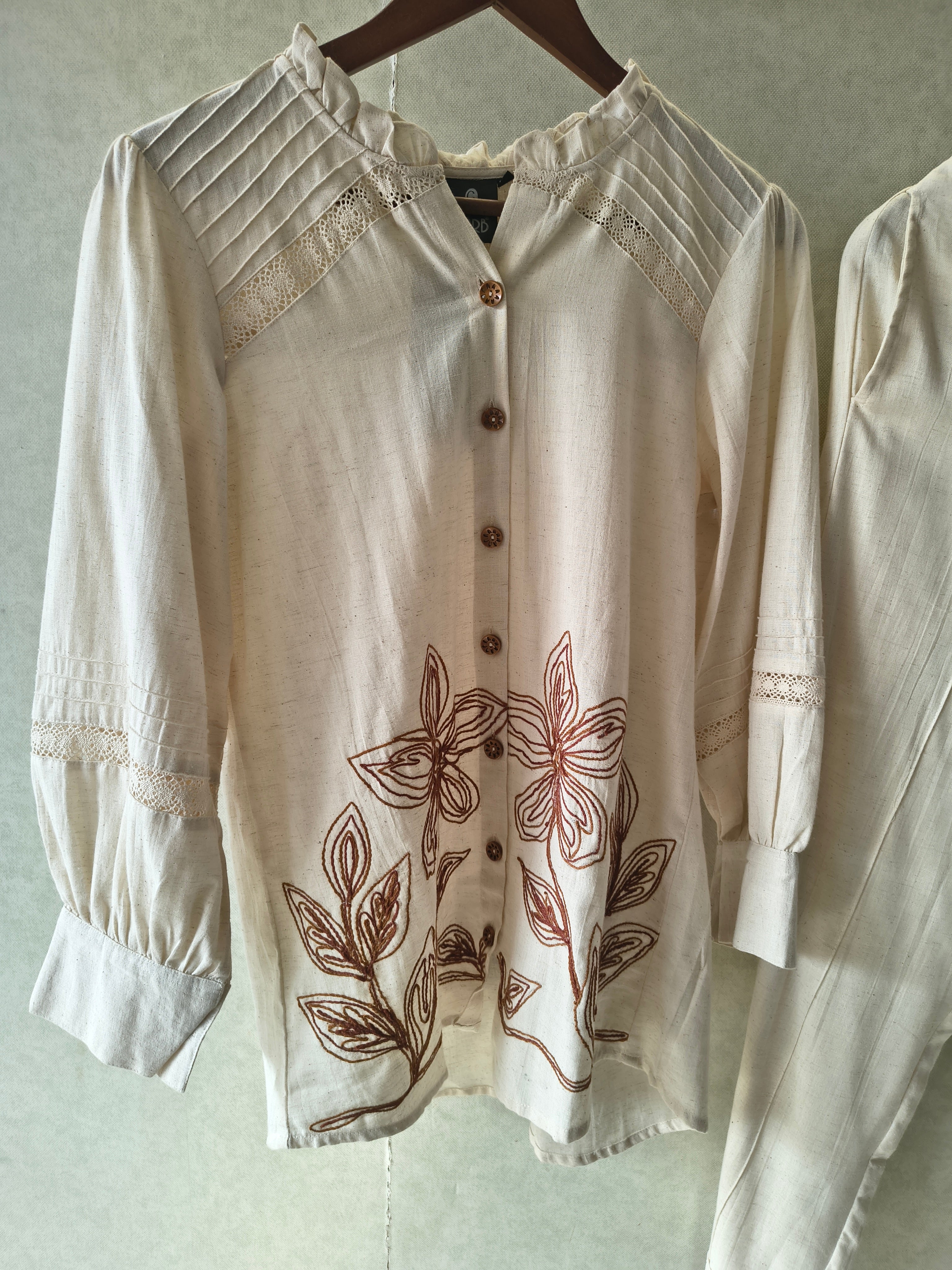 Image of Ivory Botanical Embroidered Pintuck Designer Co-Ord Set