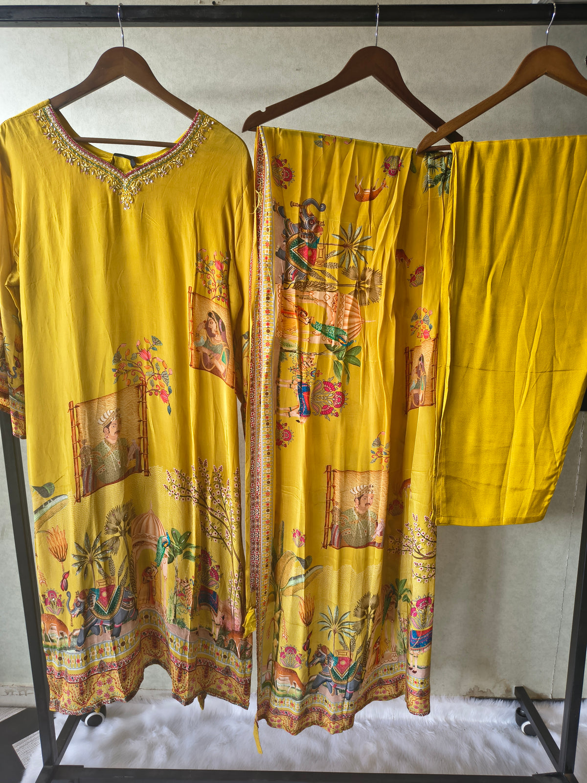 Premium Mustard Yellow Heritage Print Straight Kurta Set with Scenic Dupatta & Straight Pants