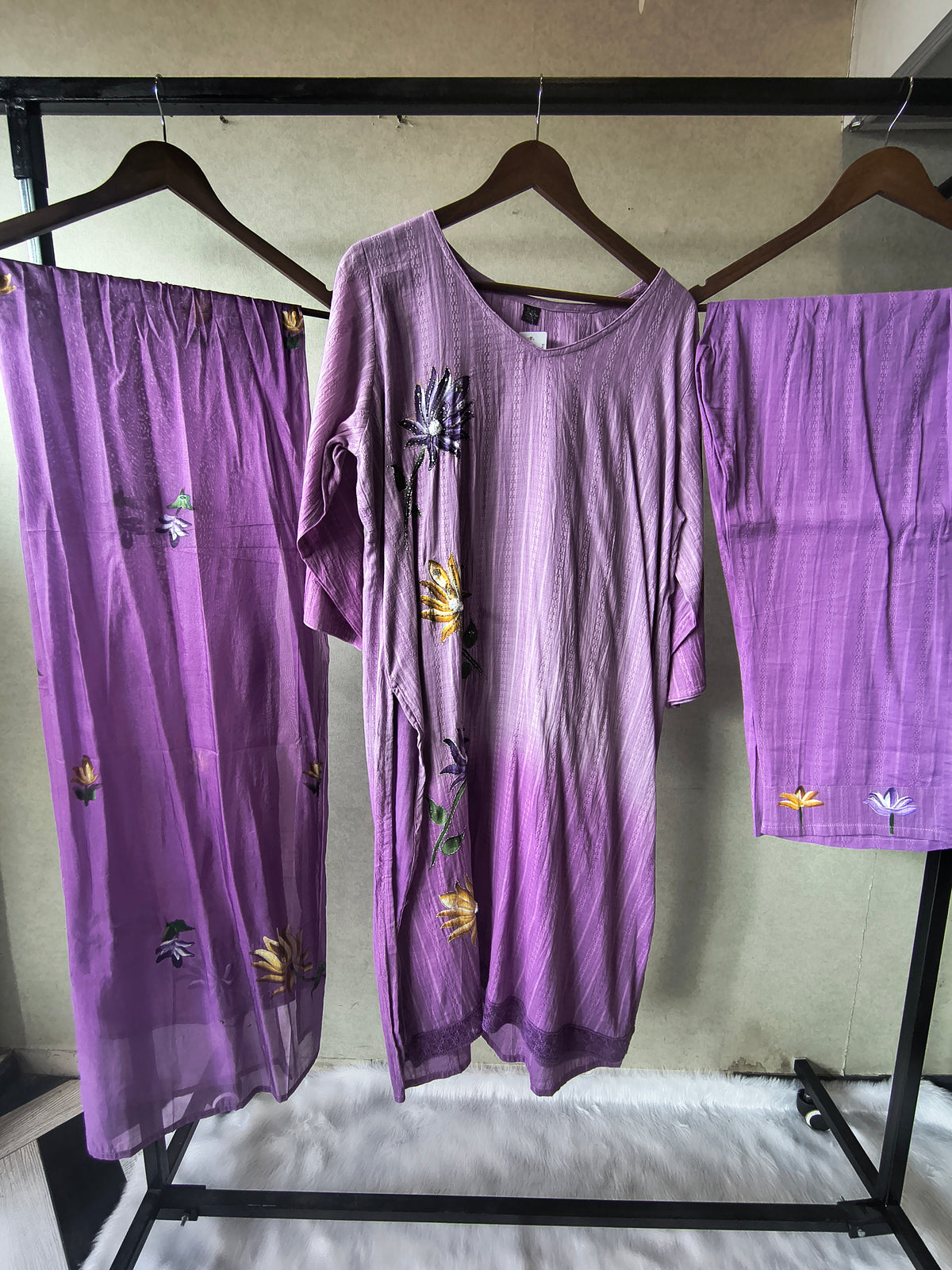 Premium Lavender Embroidered Straight Kurta Set with Floral Dupatta & Straight Pants