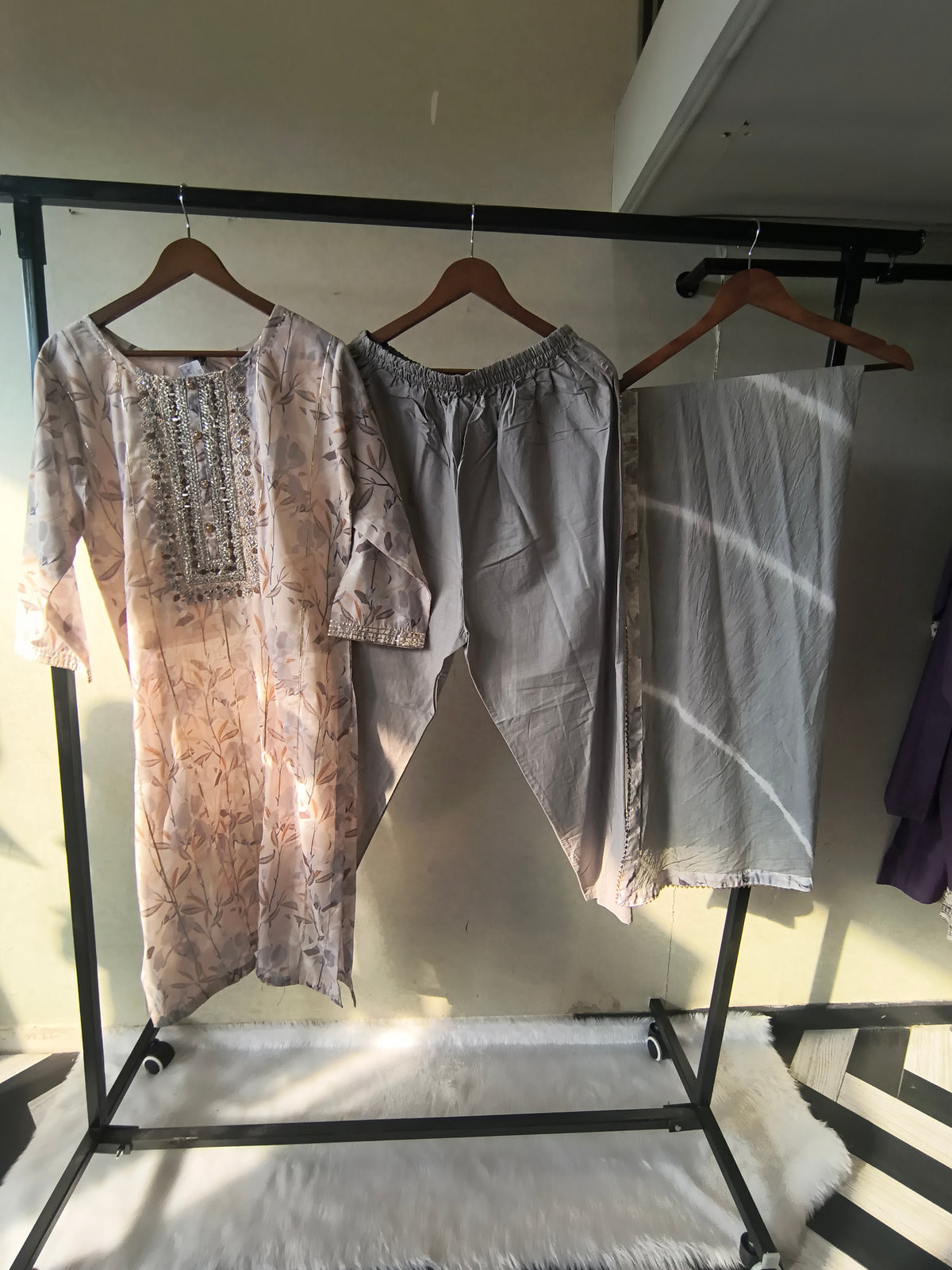 Premium Pastel Floral Printed Kurta Set with Embellished Yoke & Chiffon Dupatta