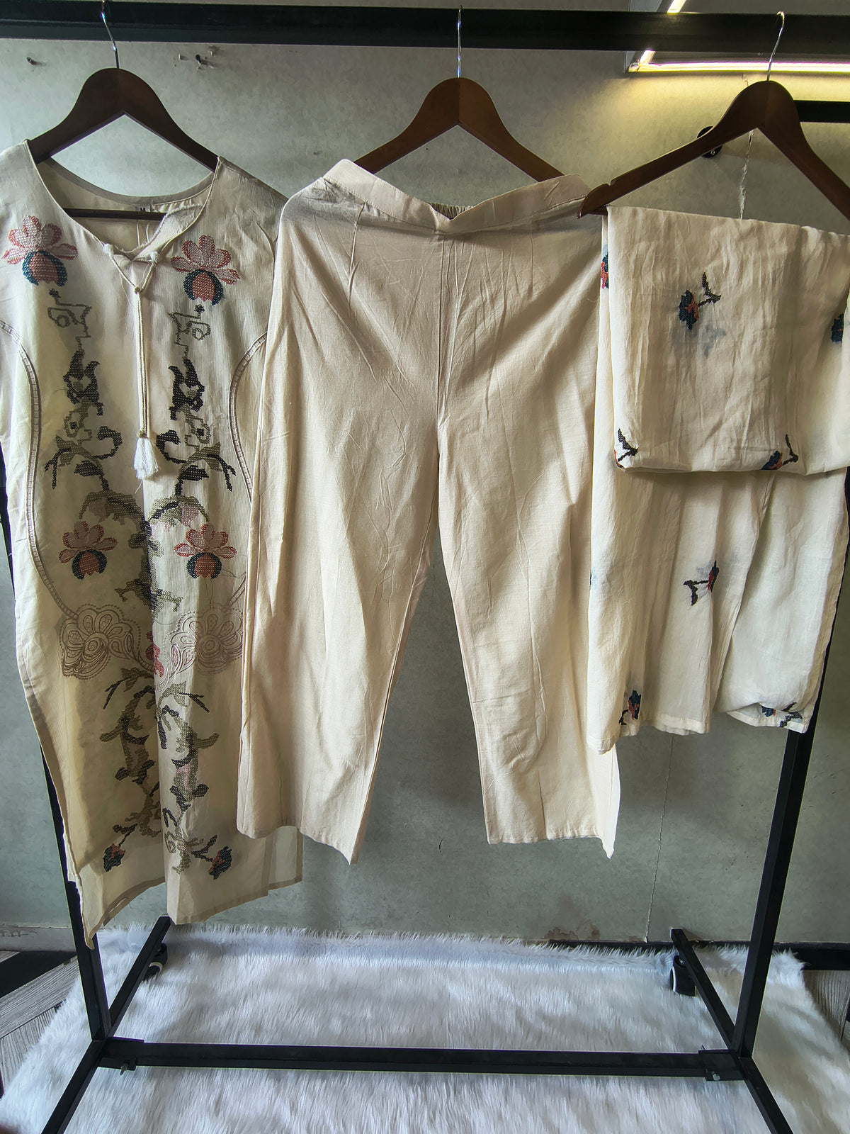 Ivory Cotton 3-Piece Suit Set with Floral Vine Embroidery & Embroidered Dupatta