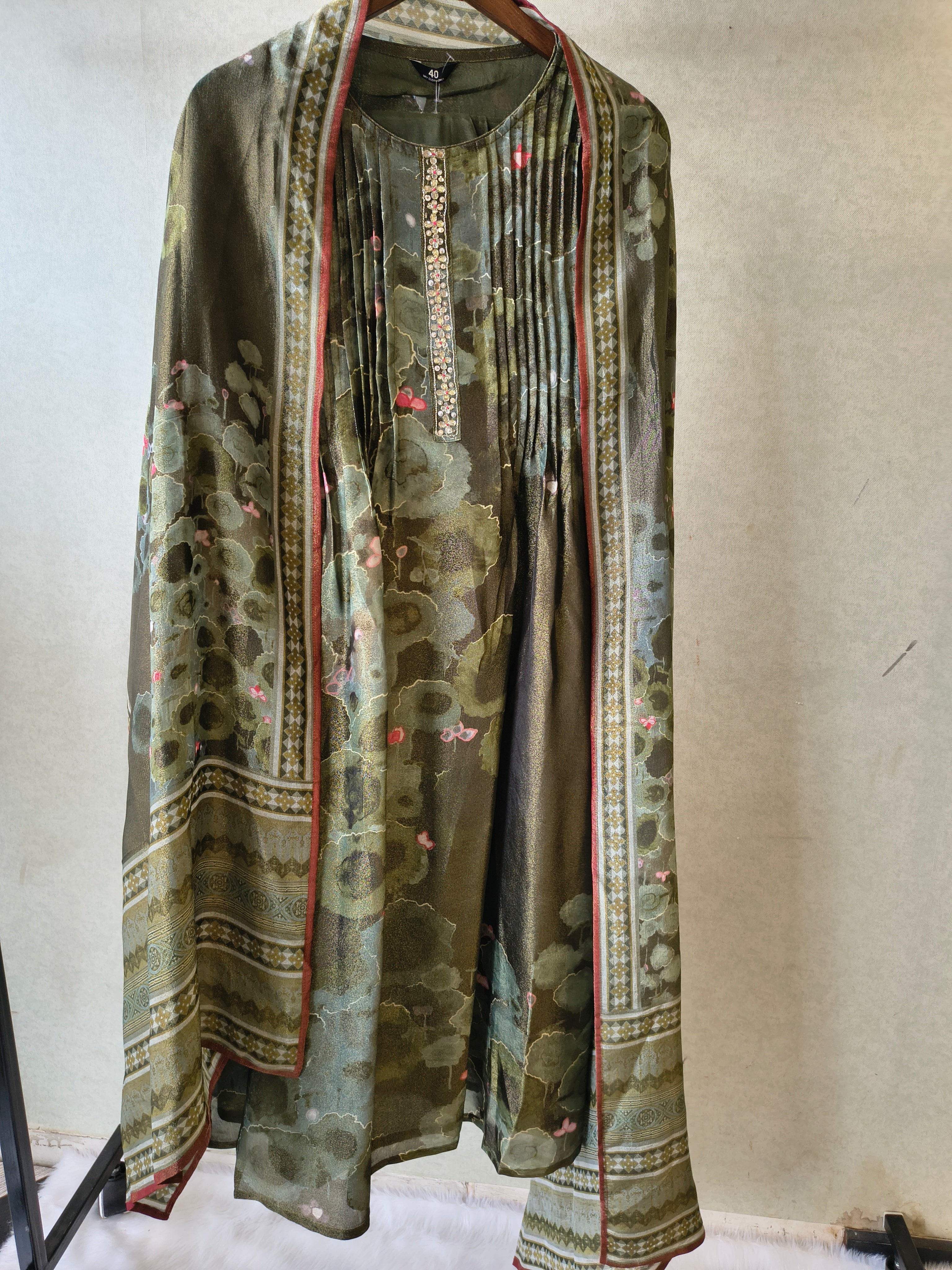 Image of Premium Olive Green Abstract Printed A-Line Kurta Set with Dupatta