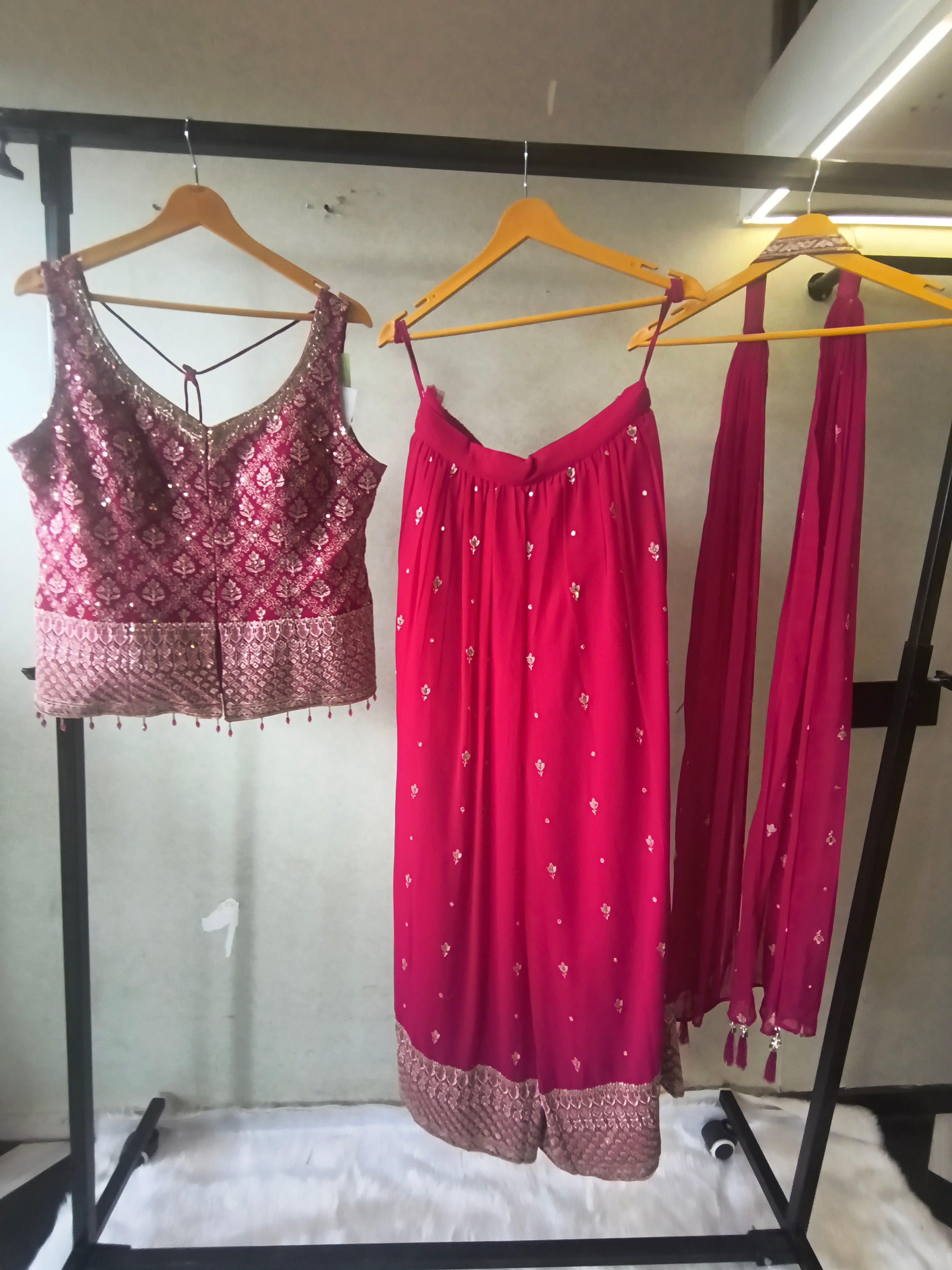 Image of Rani Pink Zari Woven Blouse with Flared Palazzo & Embellished Dupatta – Designer 3 Piece Festive Set