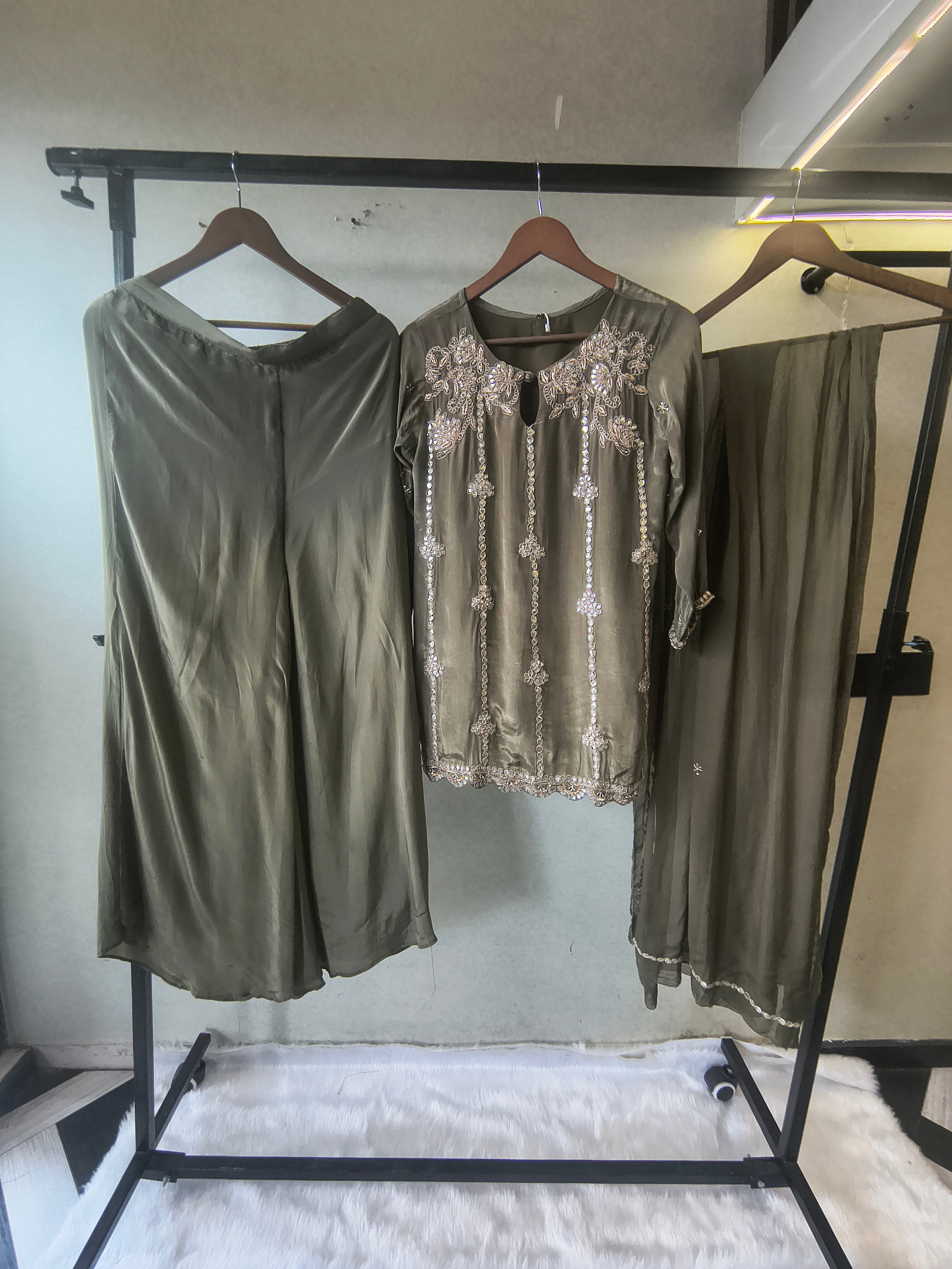Image of Olive Green Pearl & Mirror Embroidered Kurta Set with Flared Palazzo & Organza Dupatta – Designer 3 Piece Festive Ensemble