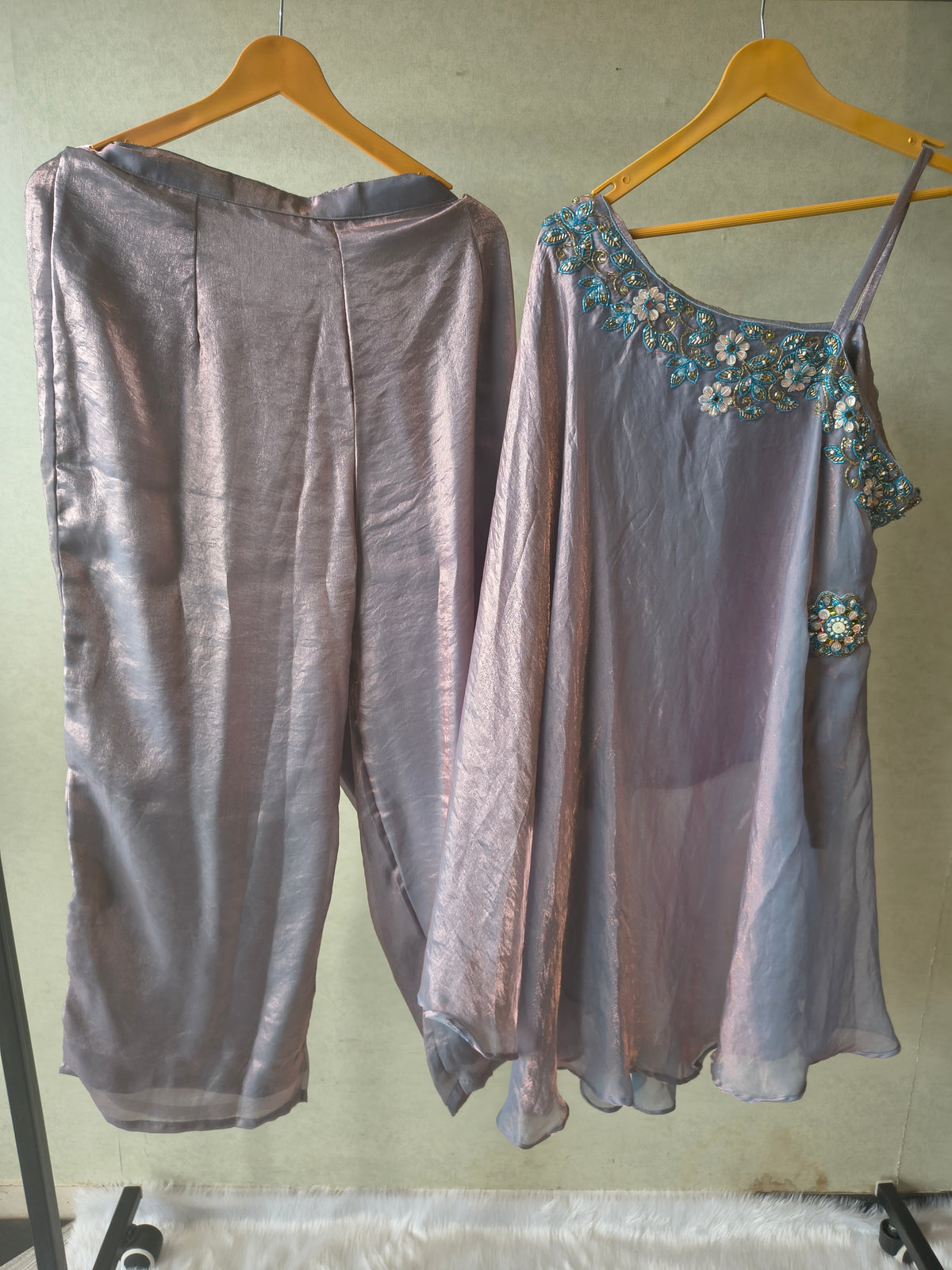 Designer Lilac One-Shoulder Cape Top with Draped Tulip Pants – Luxury Indo-Western Co-Ord Set
