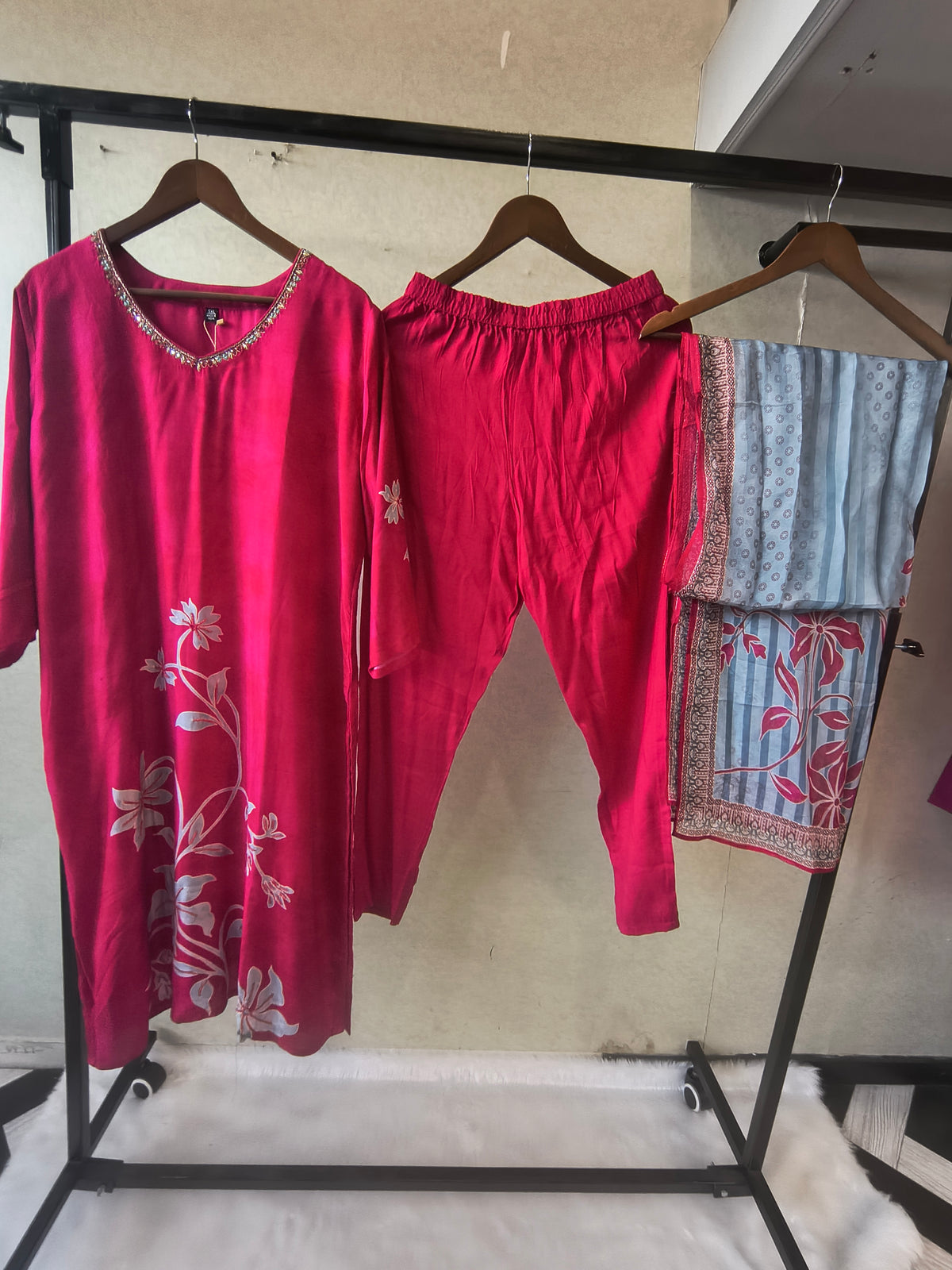 Premium Fuchsia Floral Printed Kurta Set with Embellished Neckline & Contrast Dupatta