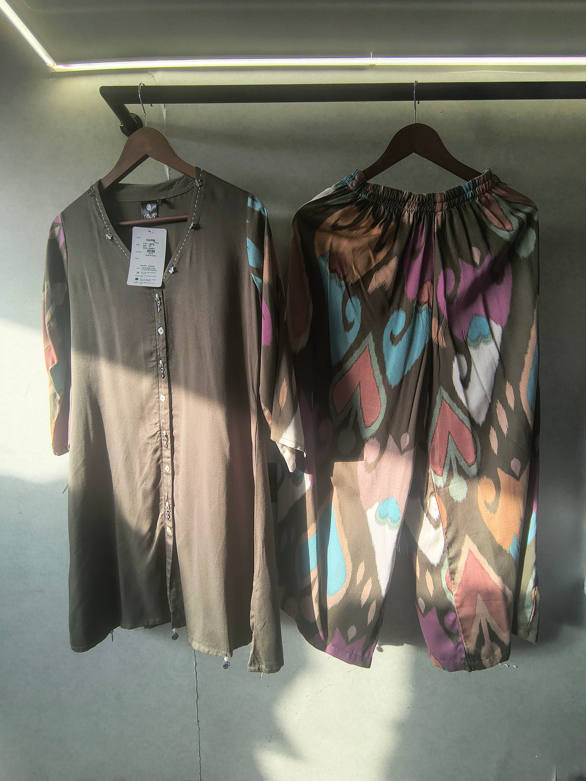 Olive Green Designer Co-Ord Set with Abstract Printed Pants & Embellished Neckline