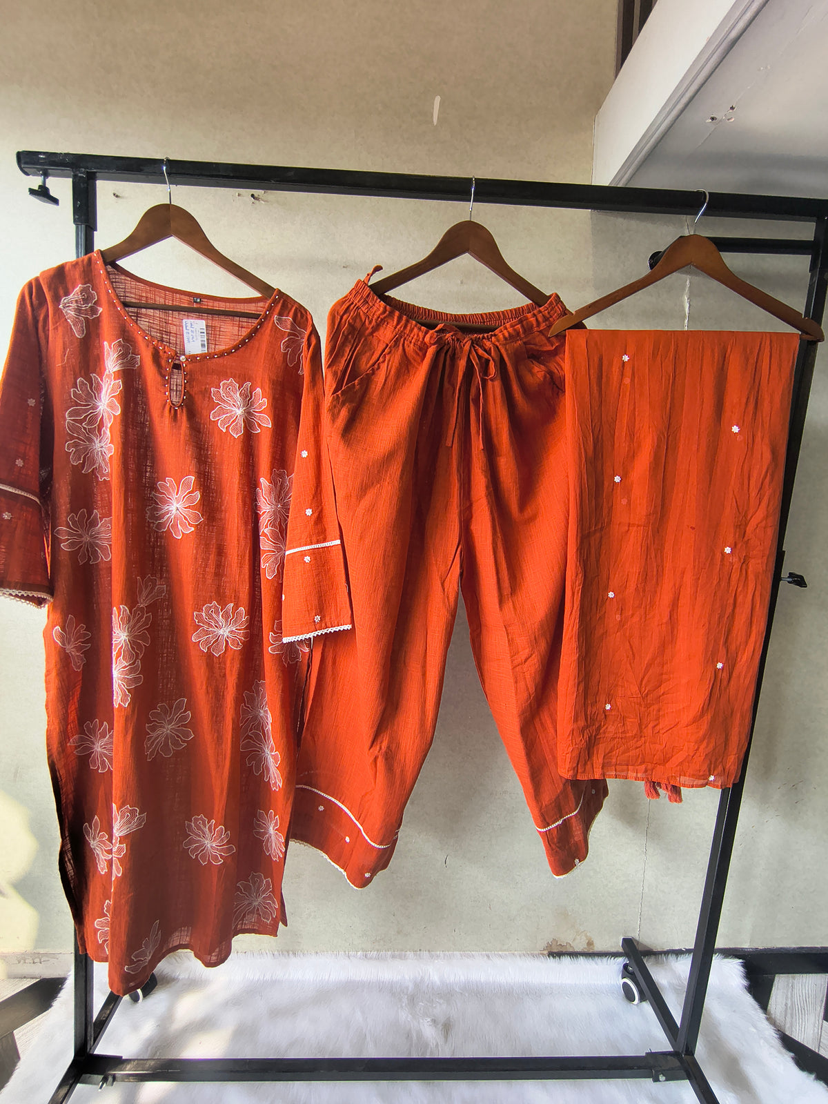 Rust Orange Floral Printed Cotton Kurta Set with Solid Pants & Embroidered Dupatta