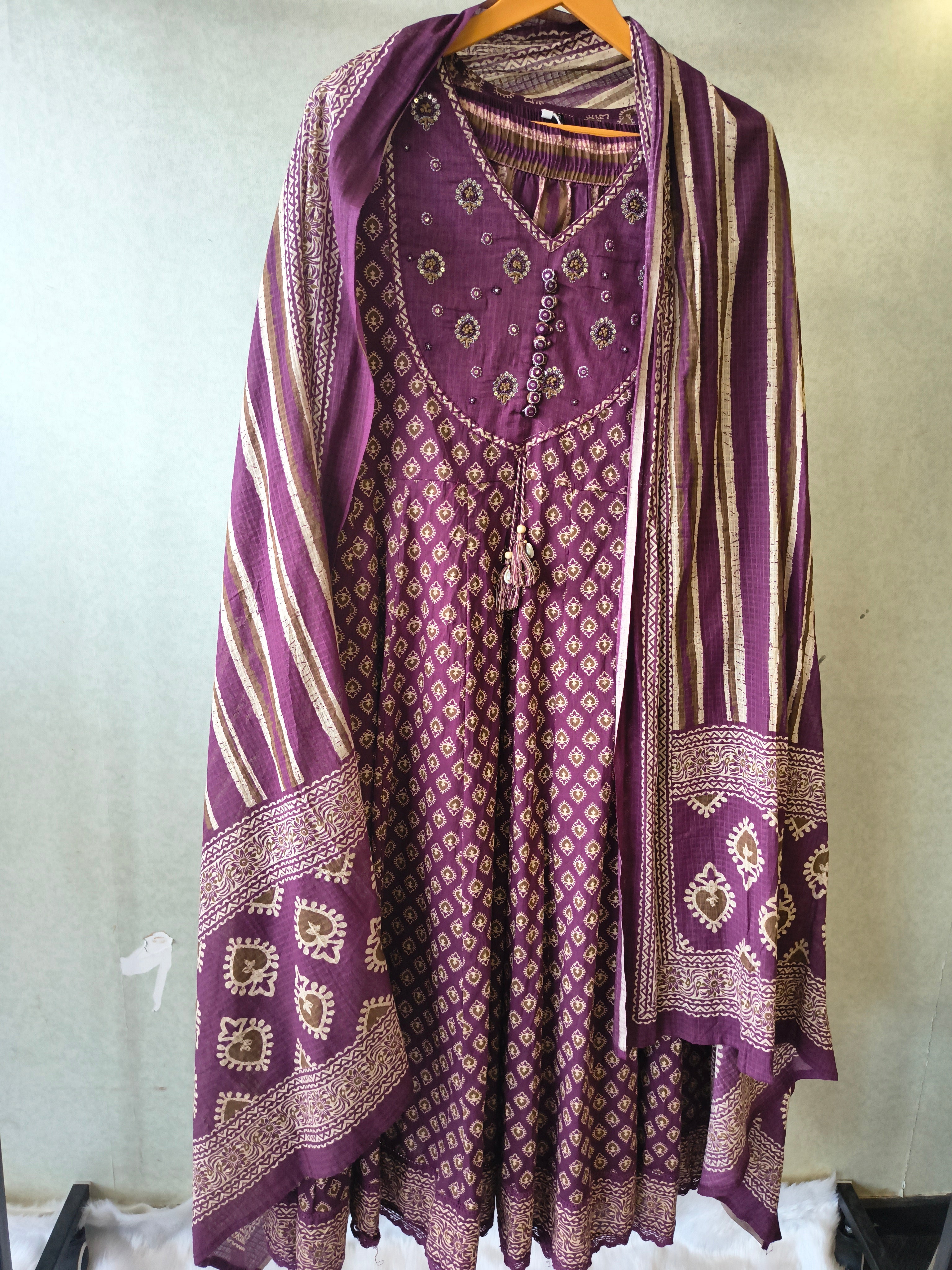 Image of Plum Printed Cotton Anarkali Suit Set with Striped Pants & Dupatta