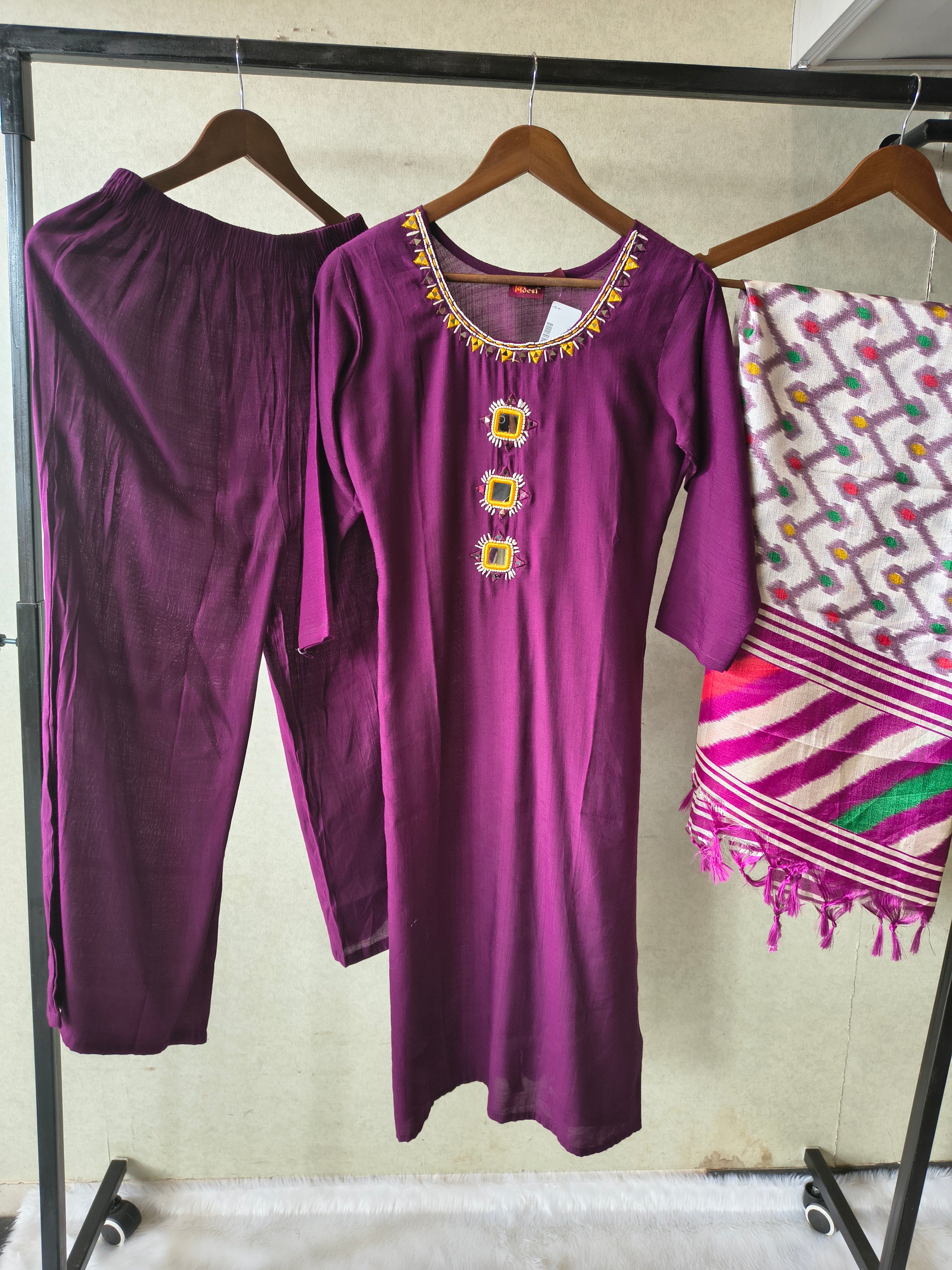Image of Premium Royal Purple Straight Kurta Set with Mirror Work Neckline, Solid Pants & Ikat Printed Dupatta