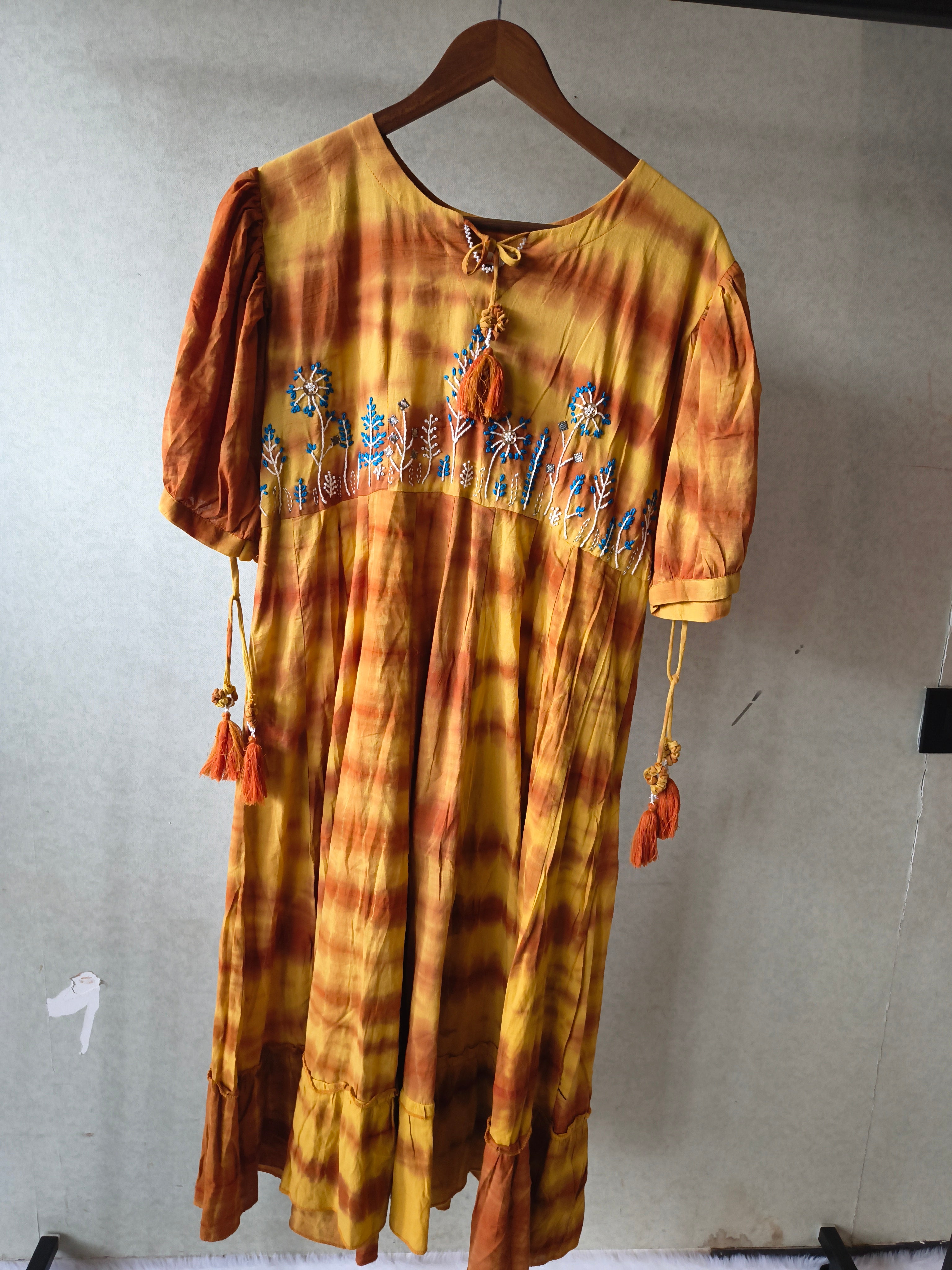 Image of Premium Mustard Tie-Dye Embroidered Cotton Flared Dress