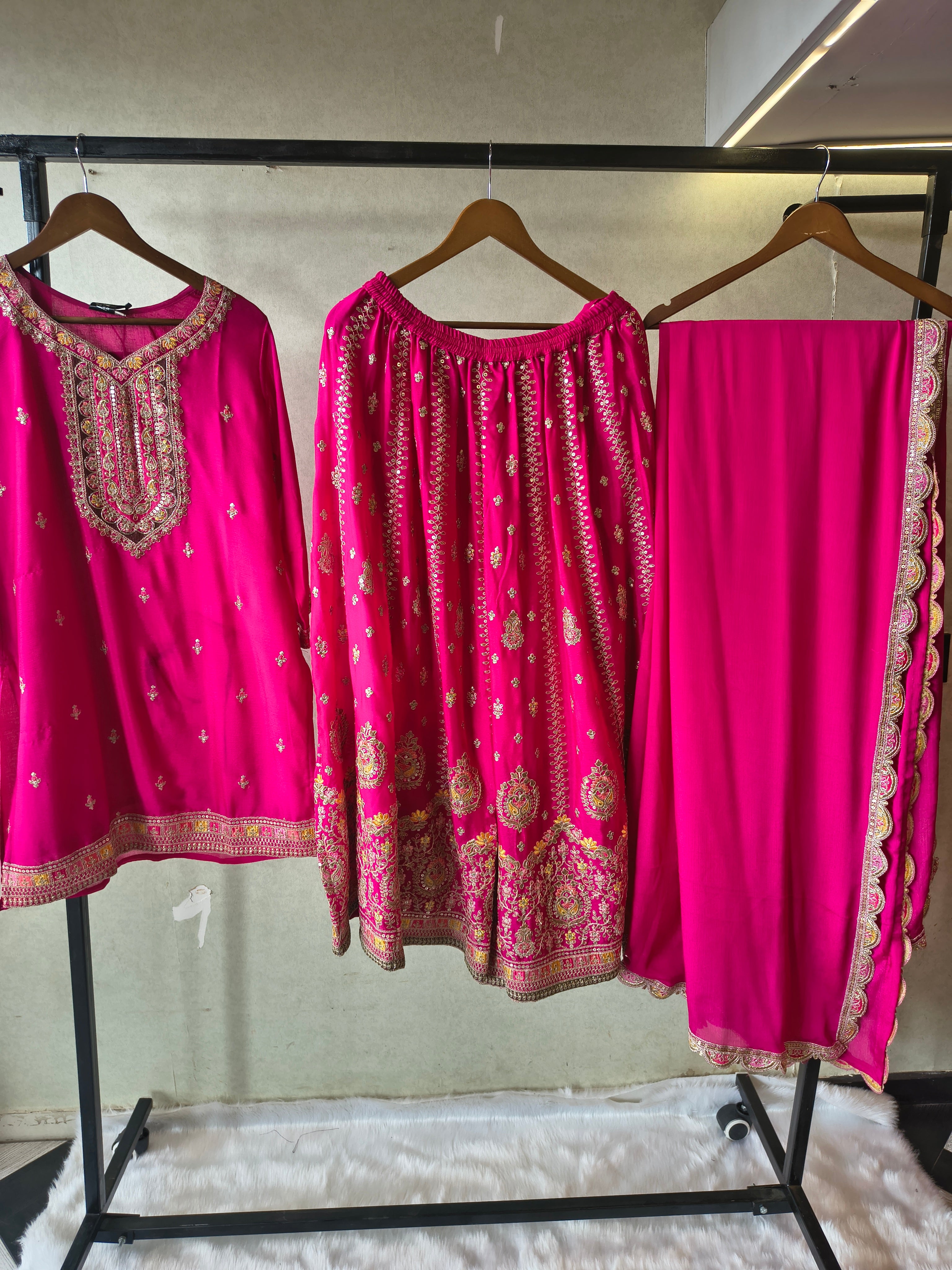 Image of Rani Pink Embroidered Kurta Sharara Set with Scalloped Dupatta – Premium 3 Piece Festive Ensemble