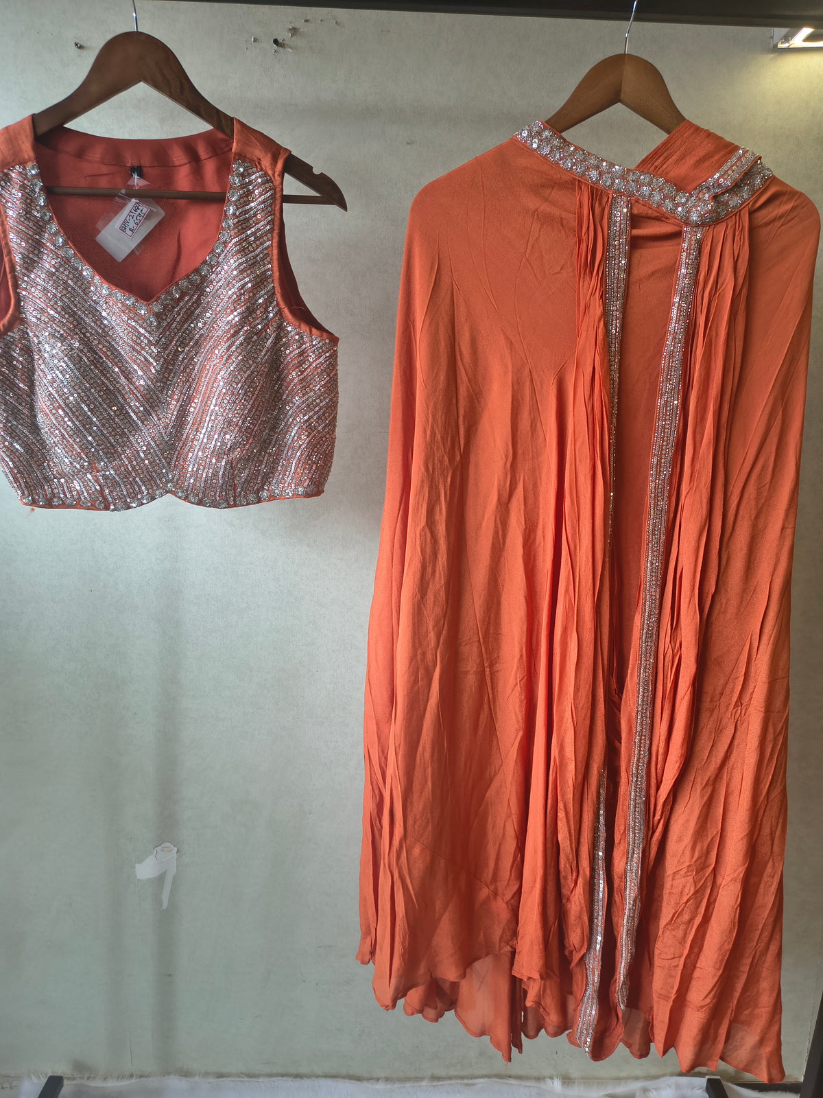 Burnt Orange Embellished Designer Blouse with Drape Palazzo & Cape – 3 Piece Indo-Western Party Wear Set