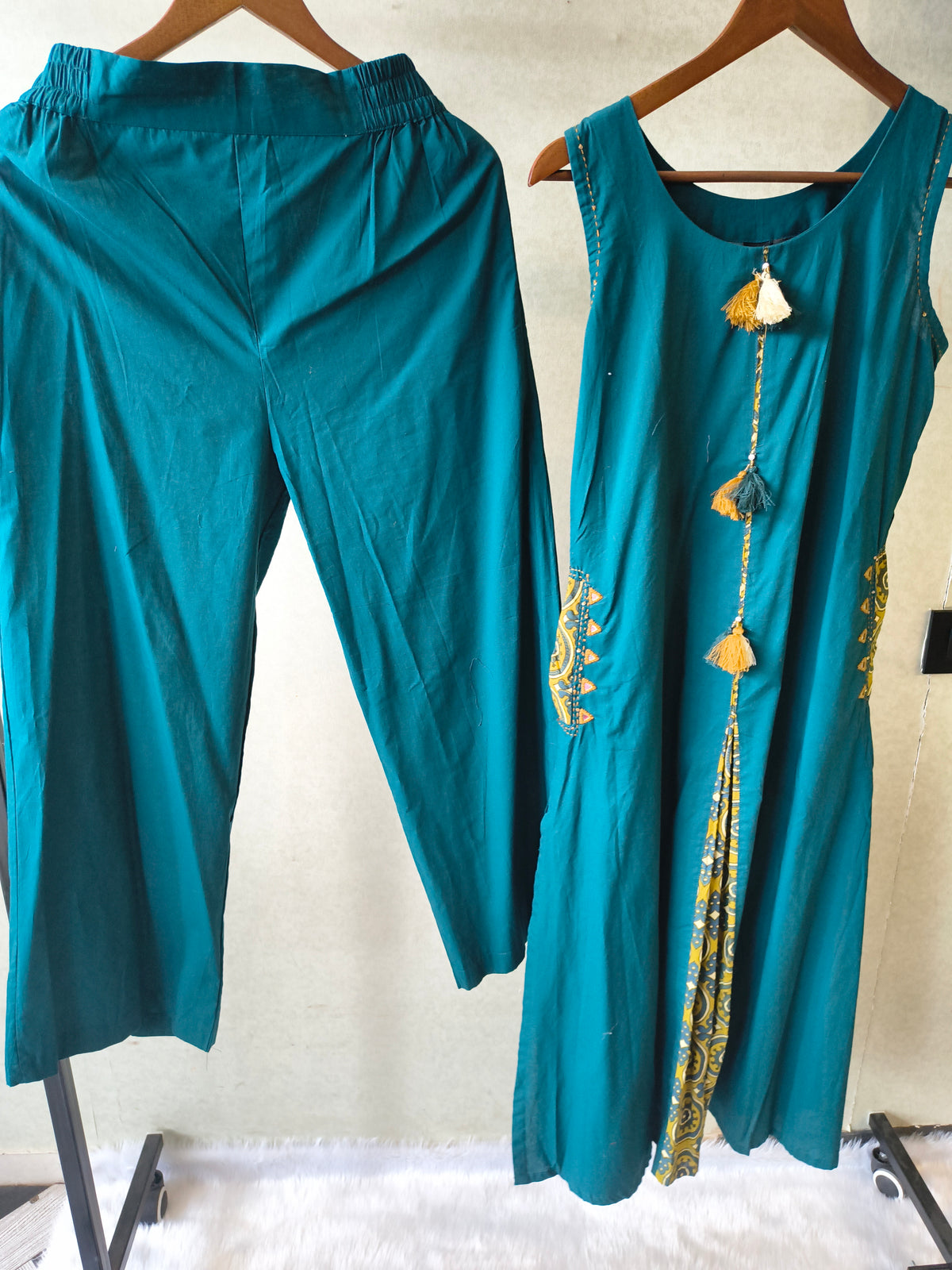 Teal Sleeveless A-Line Kurta Set with Printed Panel & Straight Pants