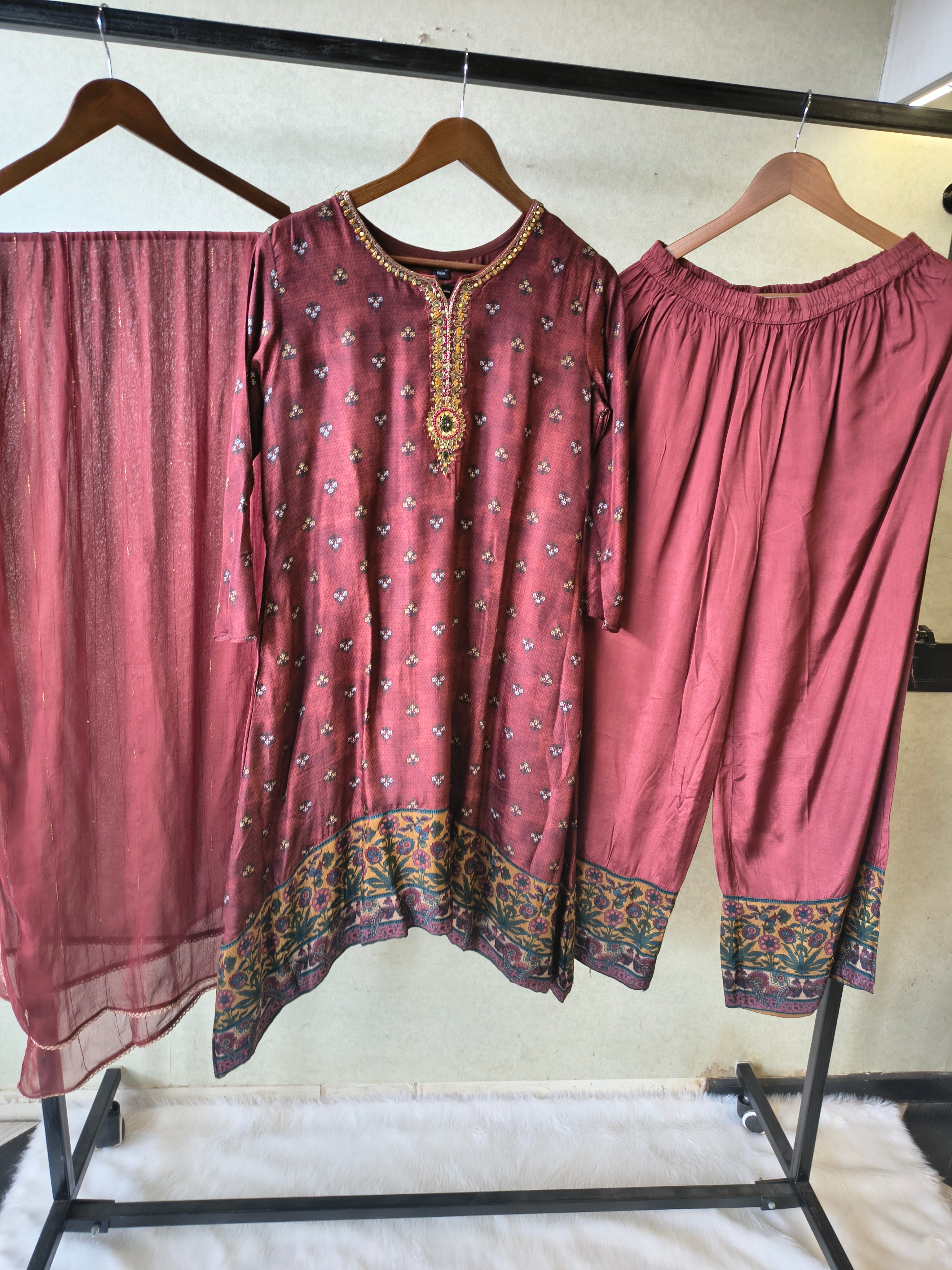 Image of Premium Wine Floral Border Kurta with Straight Pants & Shimmer Dupatta Set