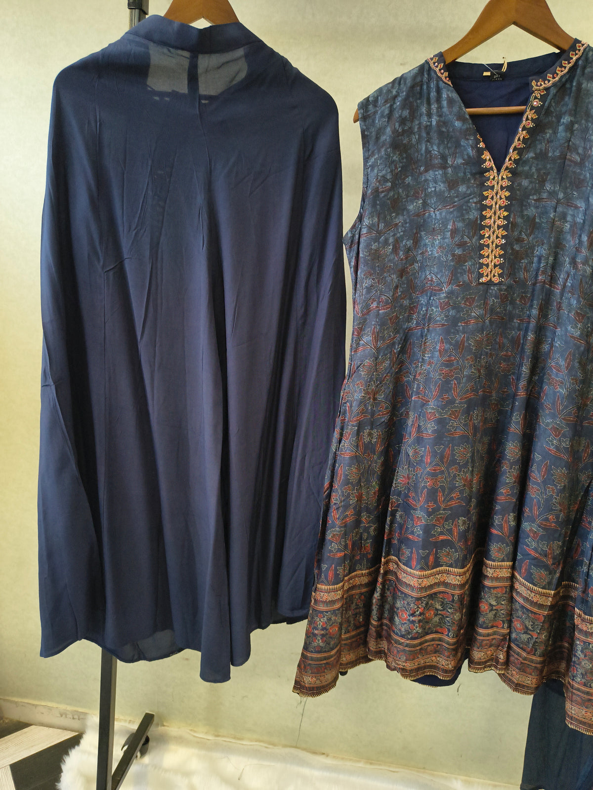 Midnight Navy Printed Anarkali Kurta Set with Embroidered Neckline, Palazzo & Chiffon Dupatta | Premium 3 Piece Festive Ensemble