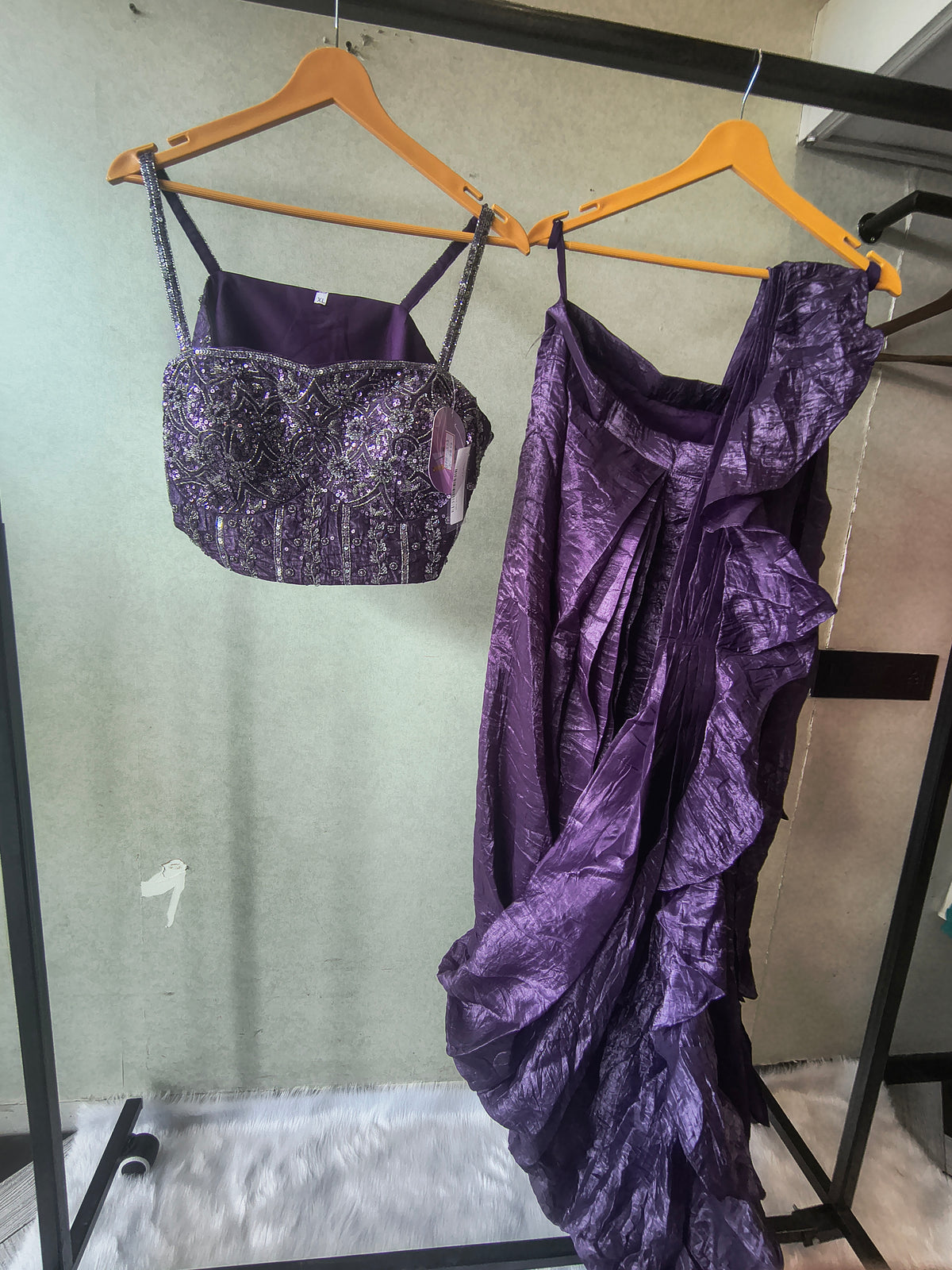 Premium Purple Pre-Draped Designer Saree with Heavy Hand Embroidered Sequins Blouse