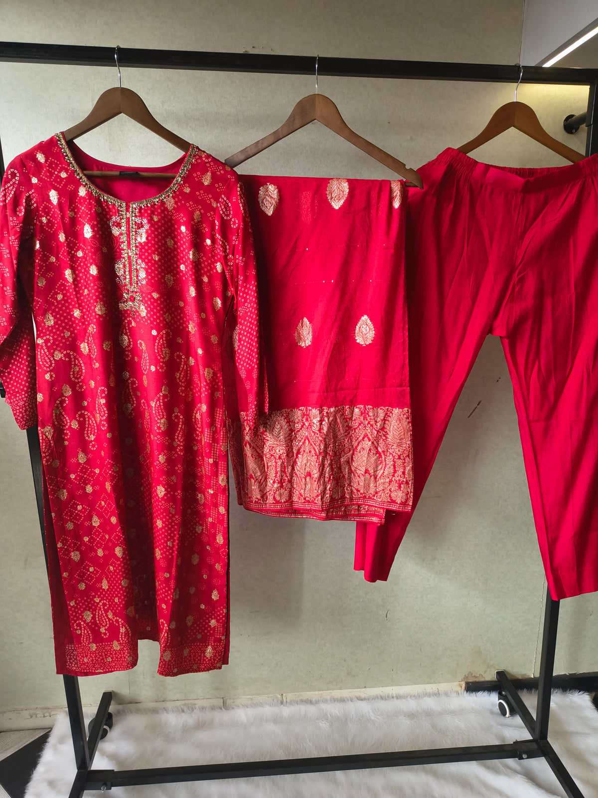 Premium Crimson Red Zari Woven Kurta with Straight Pants & Banarasi Border Dupatta Set