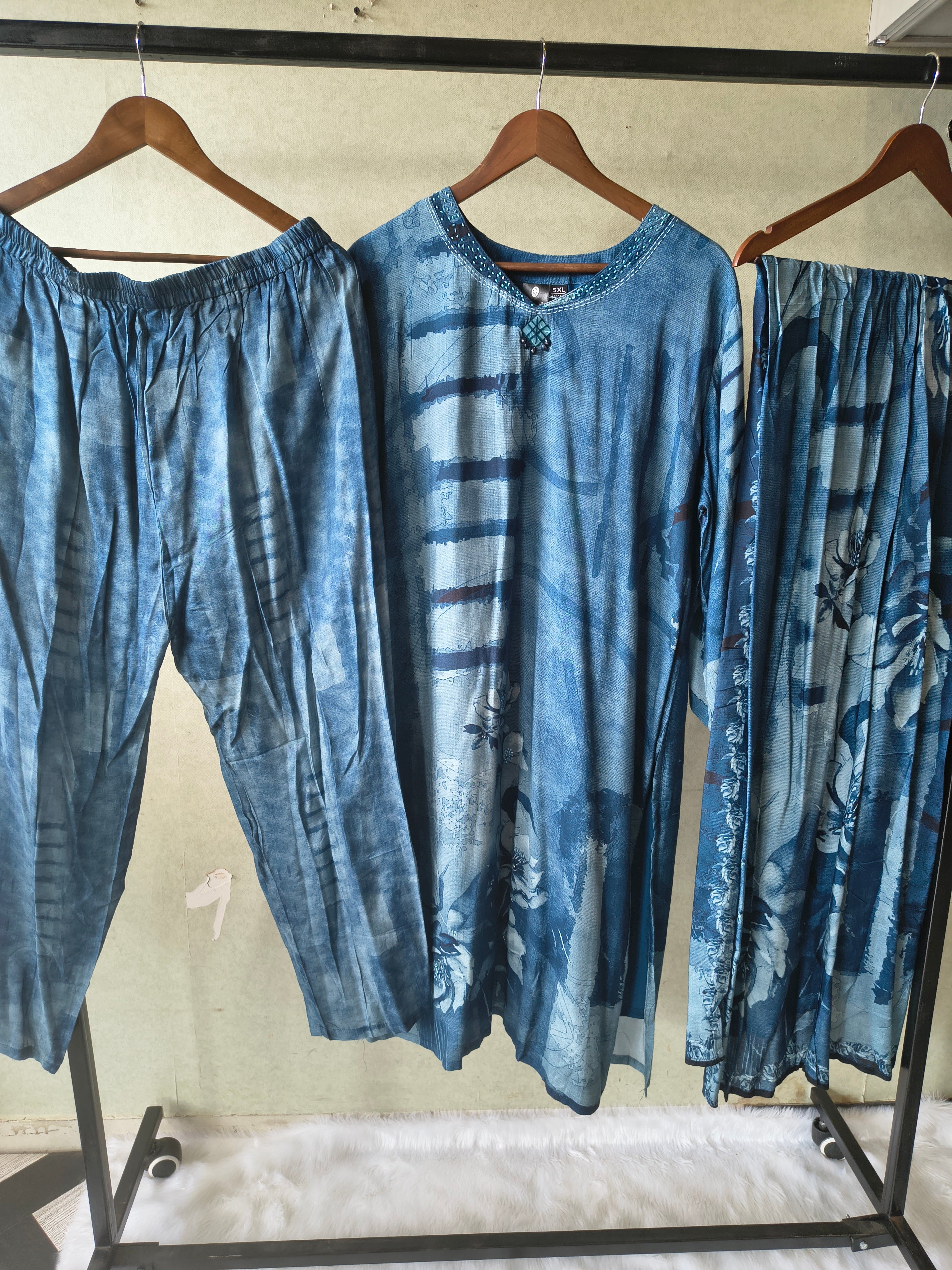 Image of Premium Teal Blue Abstract Printed Kurta Set with Pants & Dupatta