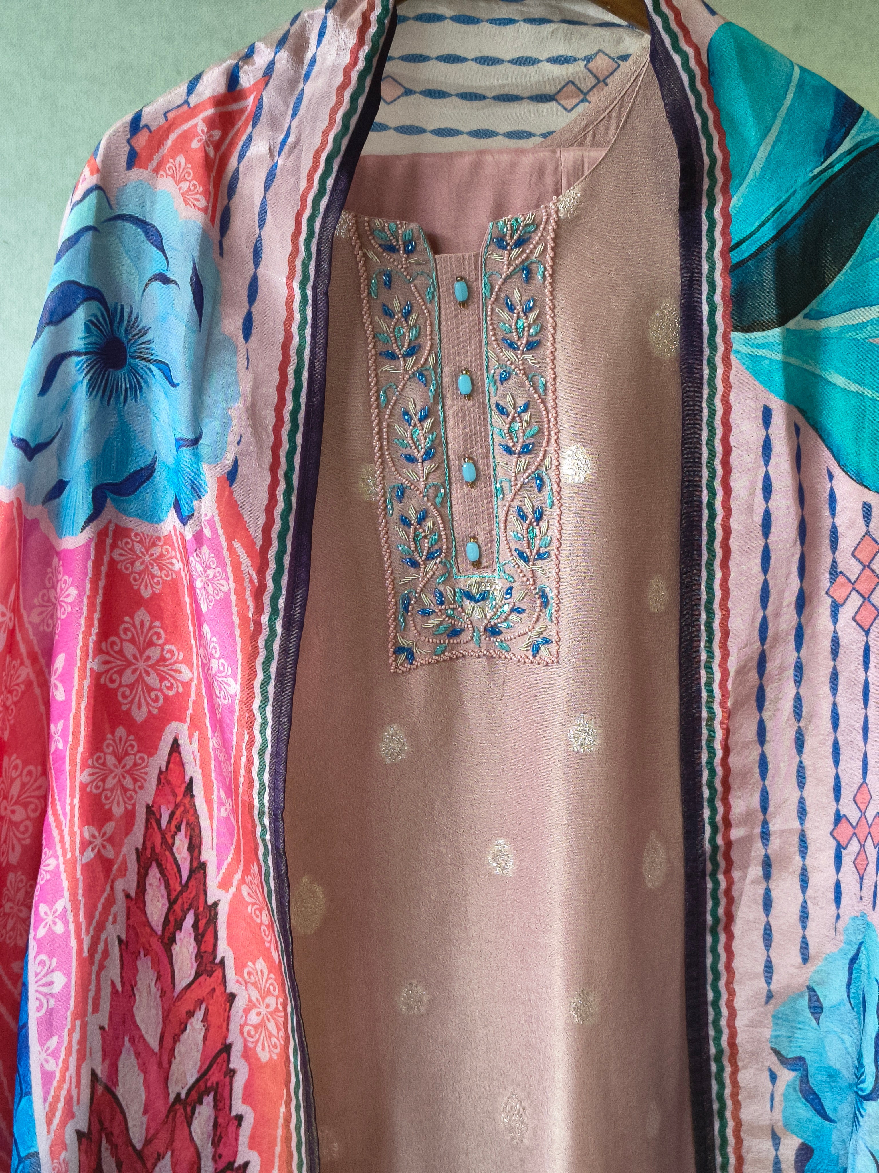 Image of Premium Blush Pink Embroidered Straight Kurta with Cigarette Pants & Designer Printed Dupatta Set