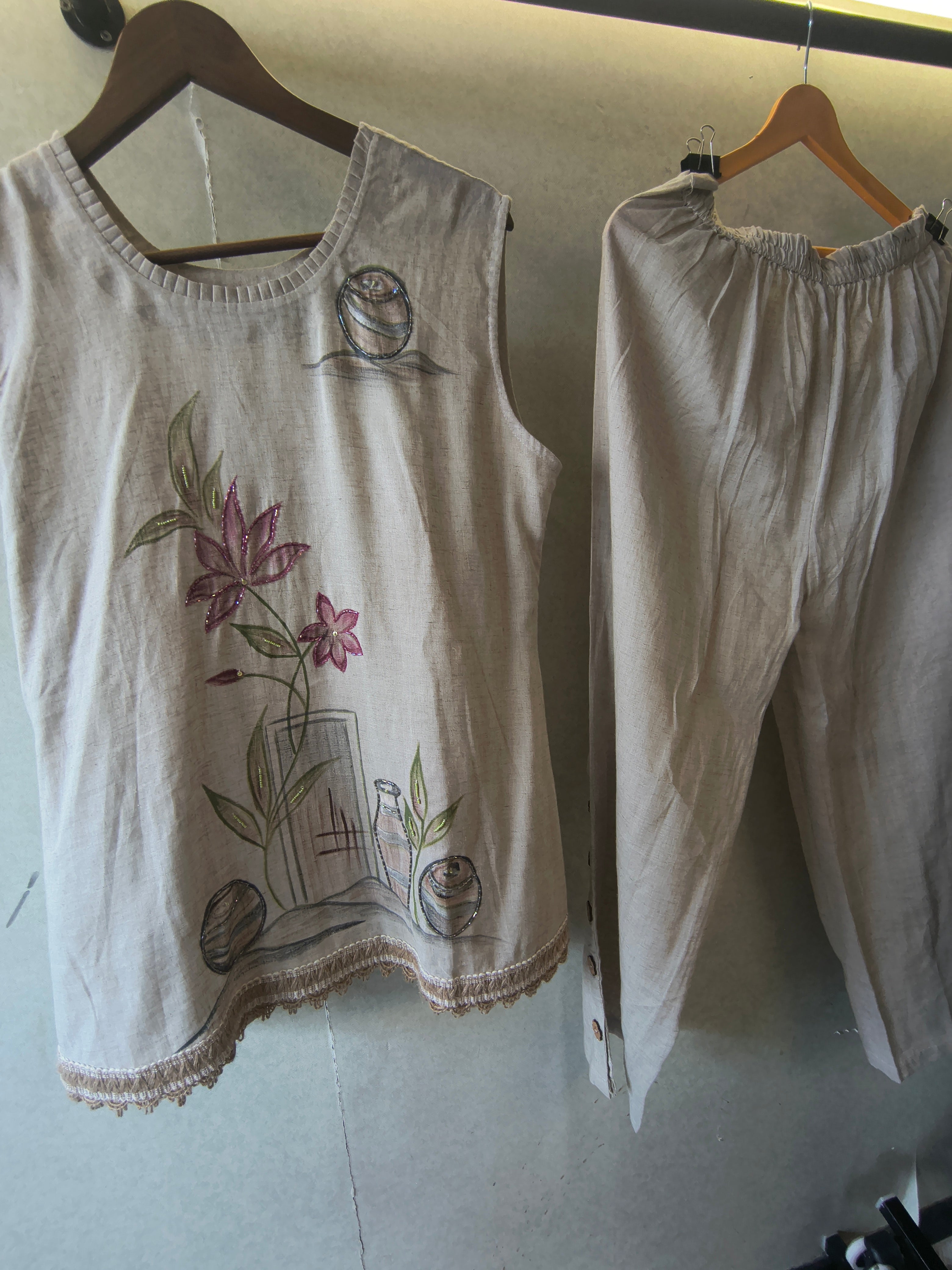 Image of Ivory Floral Hand-Painted Linen Co-Ord Set