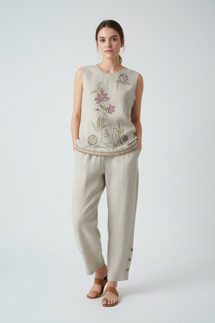Image of Ivory Floral Hand-Painted Linen Co-Ord Set