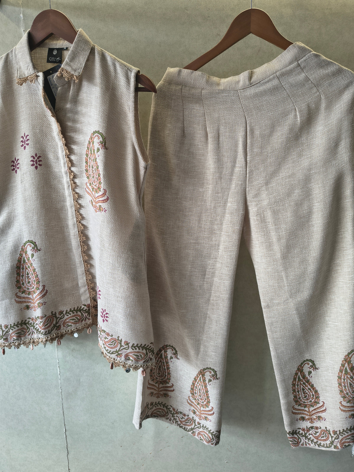 Natural Beige Paisley Printed Sleeveless Designer Co-Ord Set