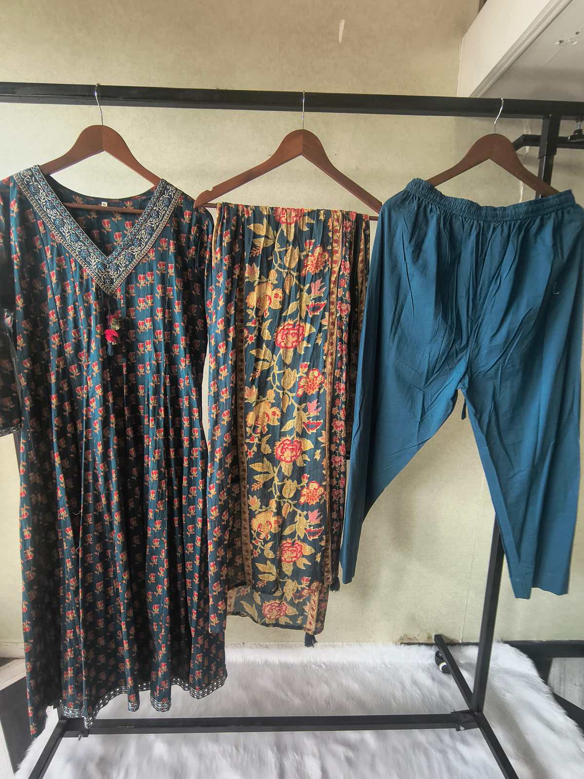 Premium Teal Blue Floral Printed Anarkali Kurta Set with Embroidered V-Neck, Solid Pants & Designer Printed Dupatta
