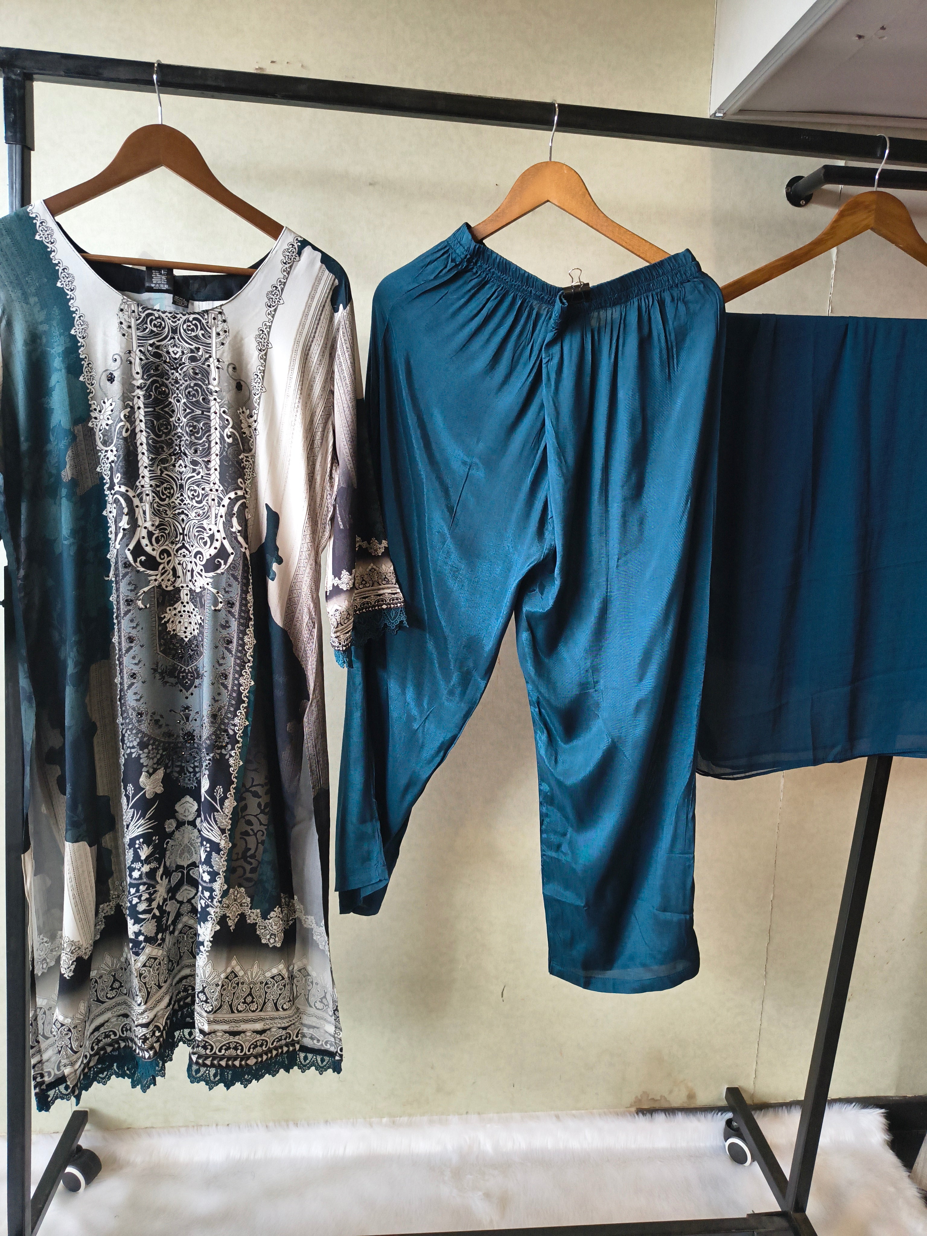 Image of Premium Teal Blue Digital Printed Kurta Set with Solid Pants & Chiffon Dupatta