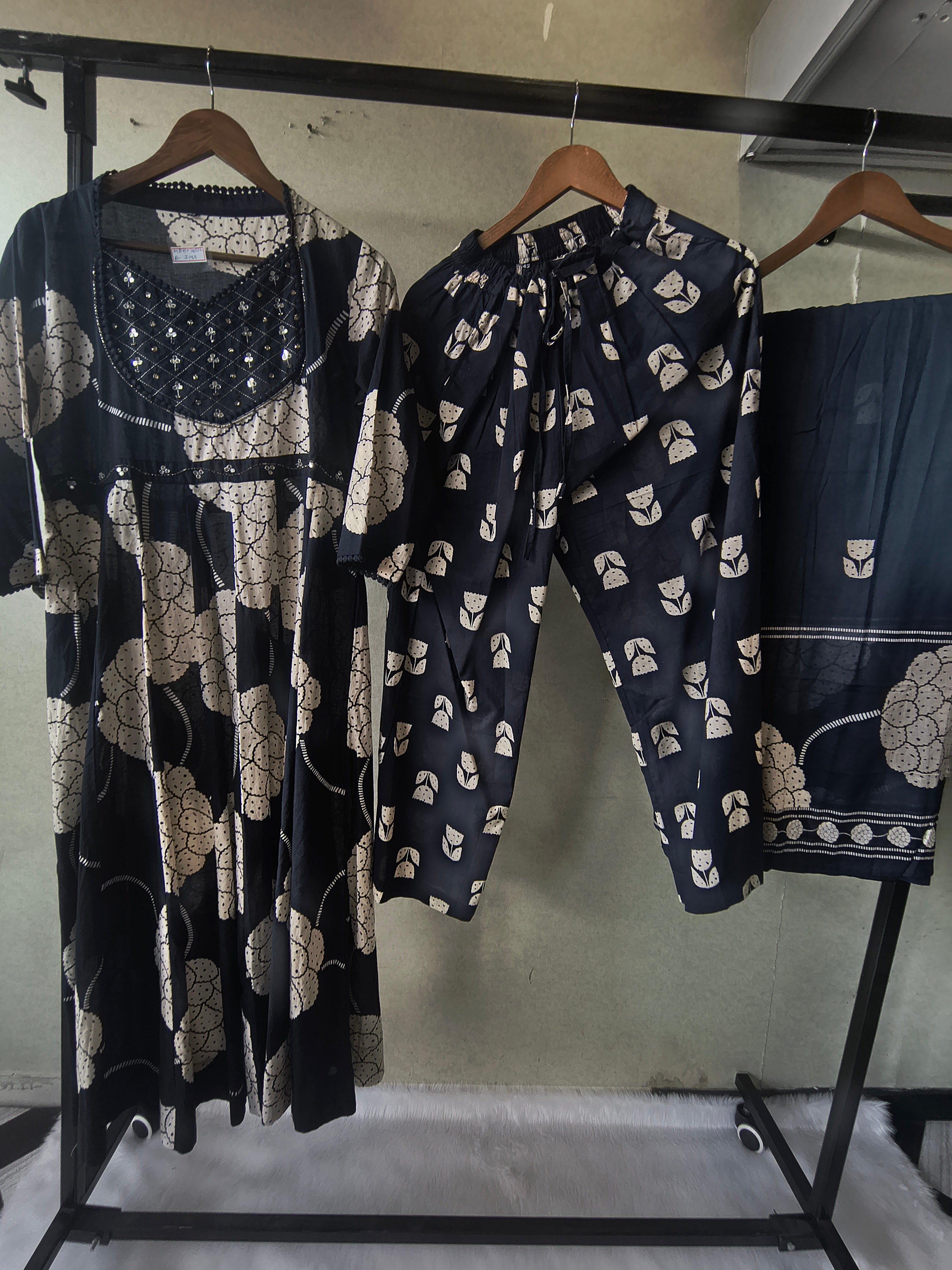 Image of Premium Navy Blue Handblock Printed Cotton Anarkali Suit Set with Printed Pants & Dupatta