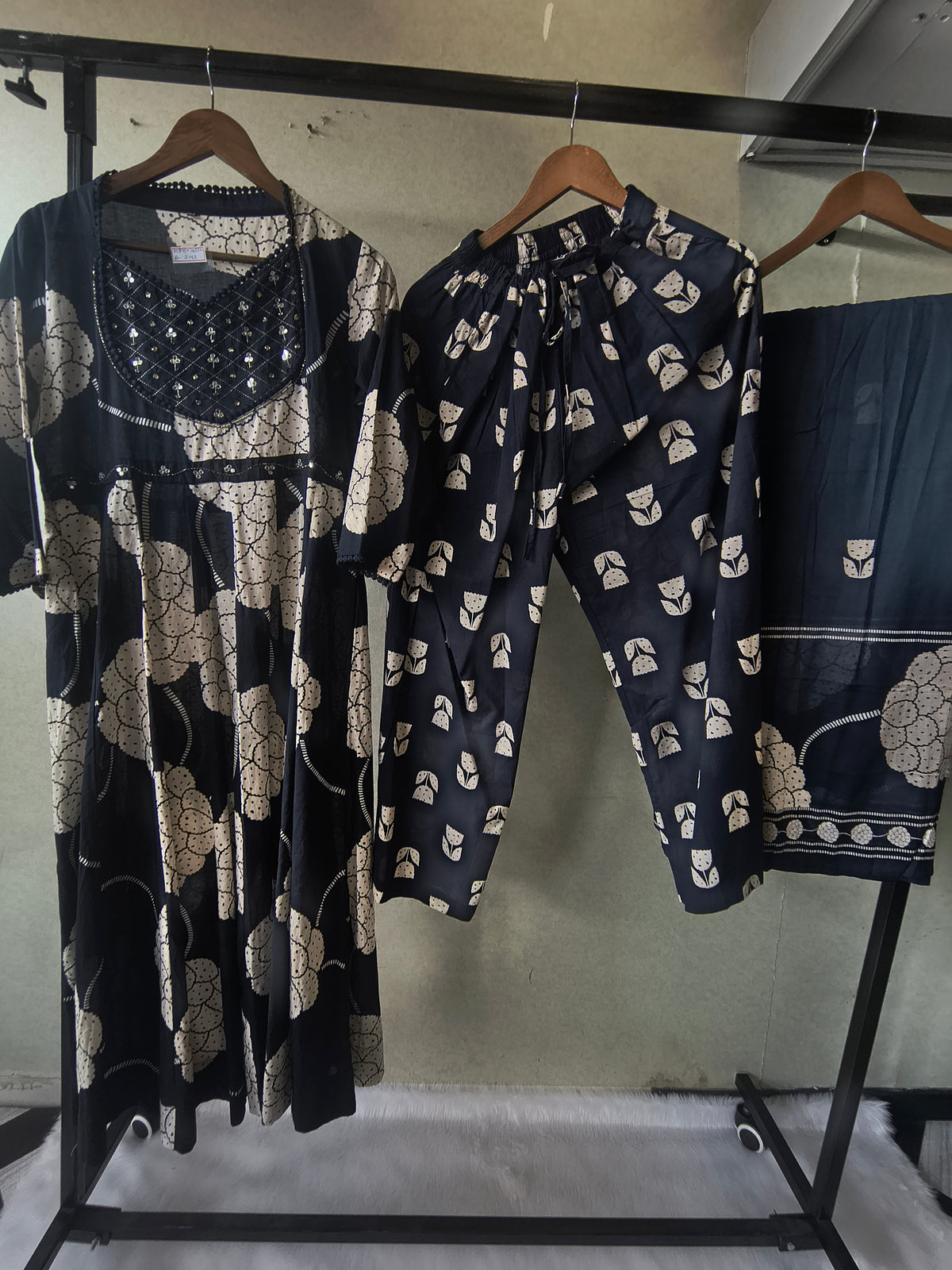 Premium Navy Blue Handblock Printed Cotton Anarkali Suit Set with Printed Pants & Dupatta
