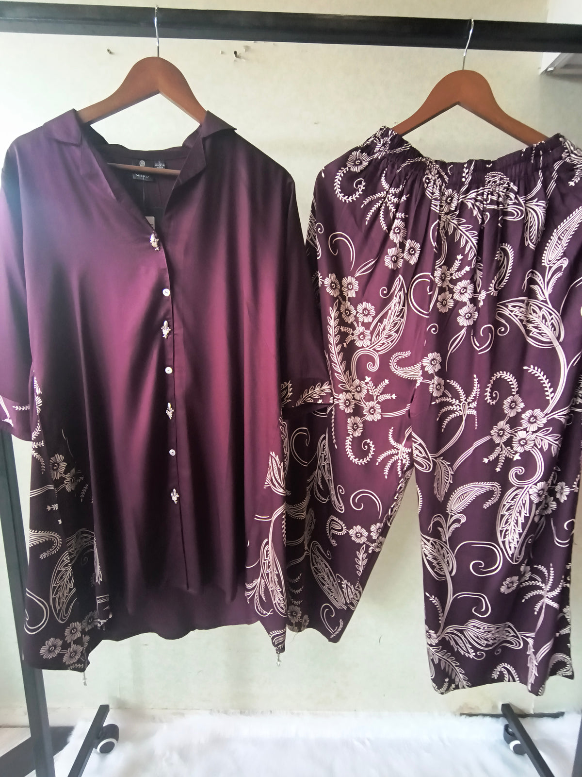 Premium Plum Satin Co-Ord Kurta Set with Printed Straight Pants