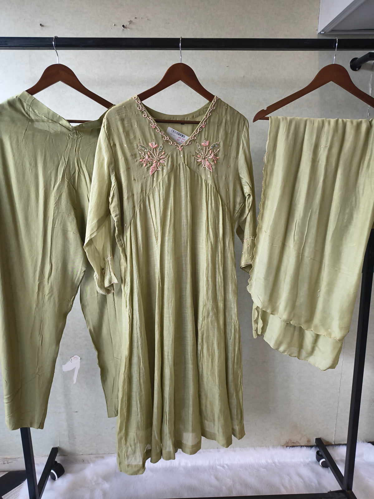 Premium Olive Green Embroidered A-Line Kurta Set with Dupatta