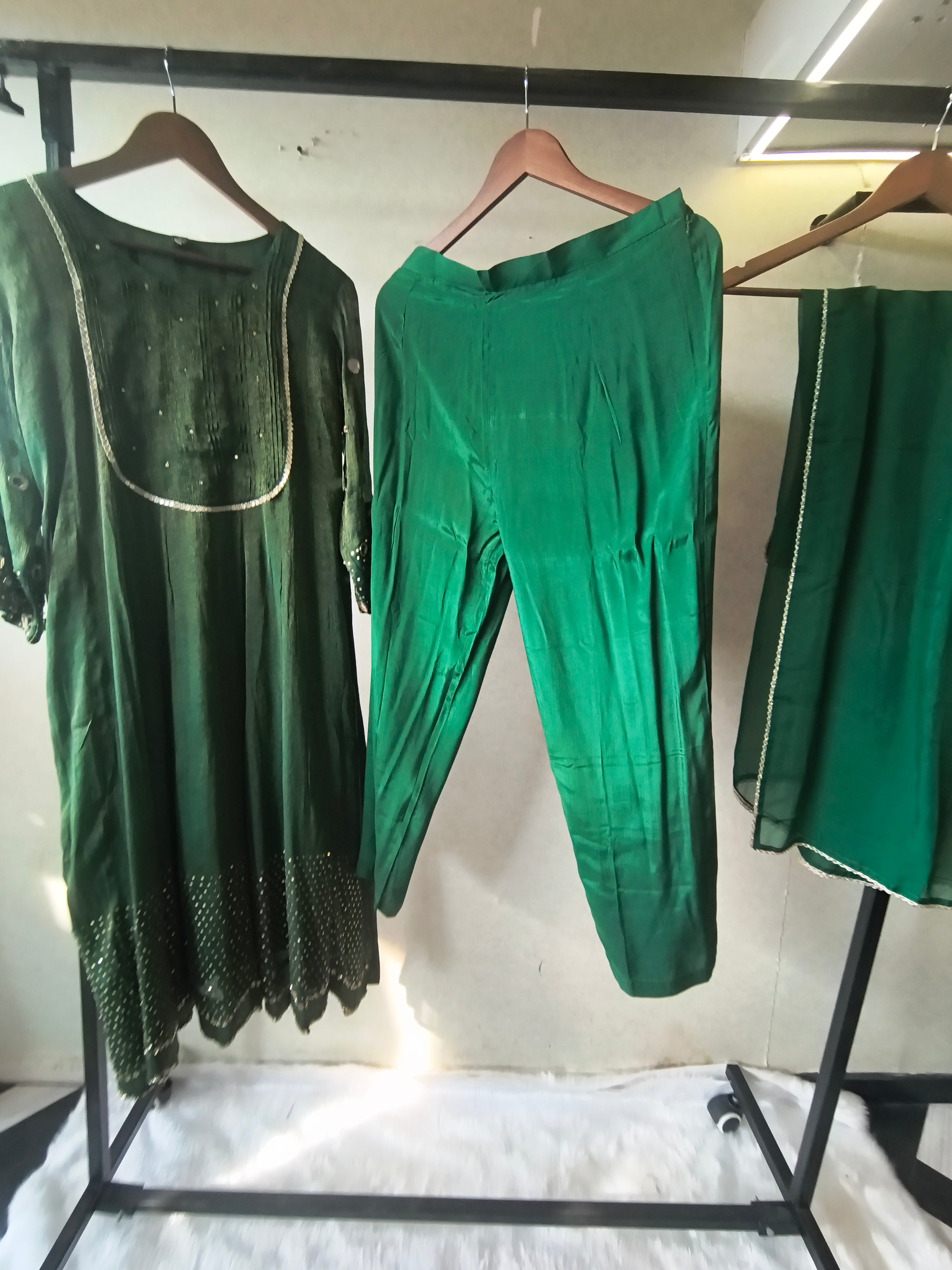 Image of Emerald Green Georgette Anarkali Suit Set with Pintuck Yoke, Sequin Detailing & Lace Border Dupatta – Premium 3 Piece Ethnic Ensemble