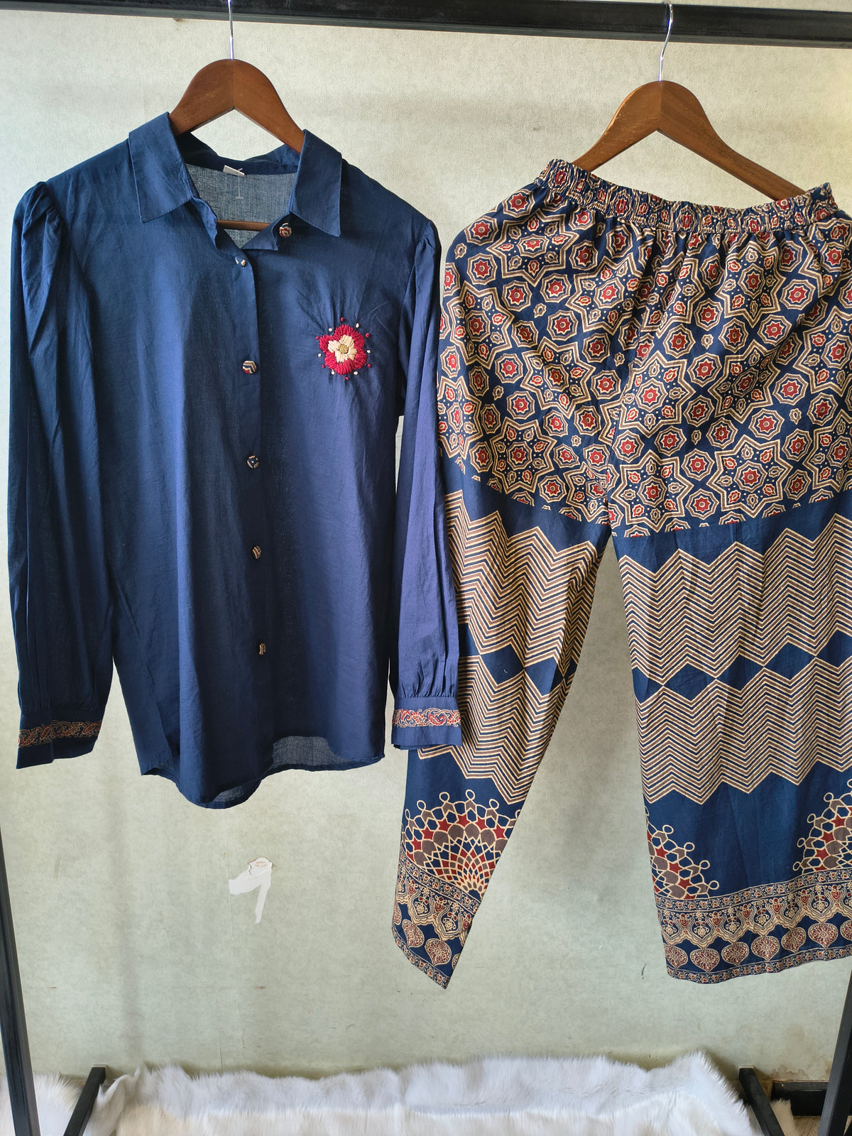 Navy Blue Designer Shirt Co-Ord Set with Statement Printed Palazzo Pants