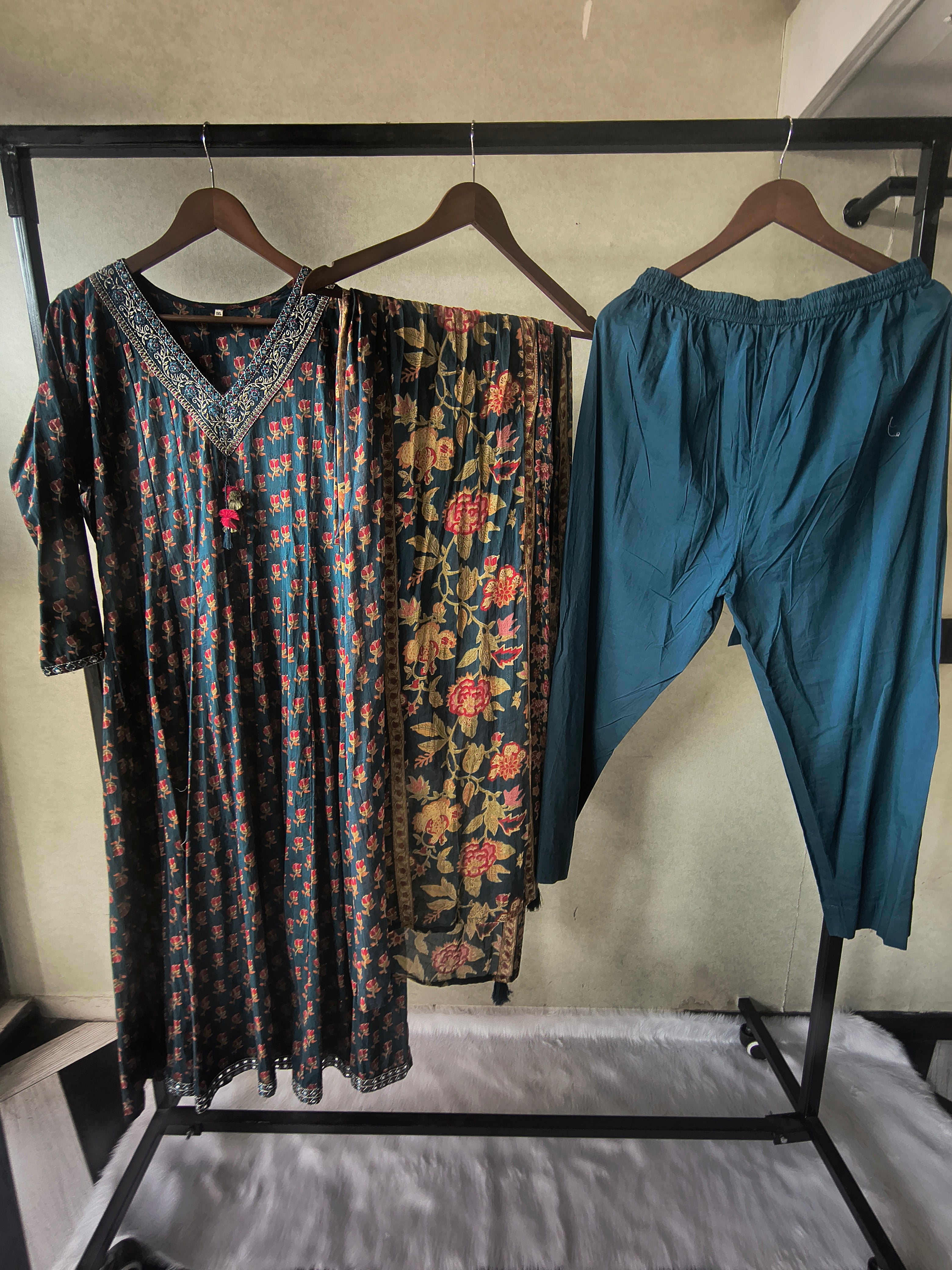 Image of Premium Teal Blue Floral Printed Anarkali Kurta Set with Embroidered V-Neck, Solid Pants & Designer Printed Dupatta