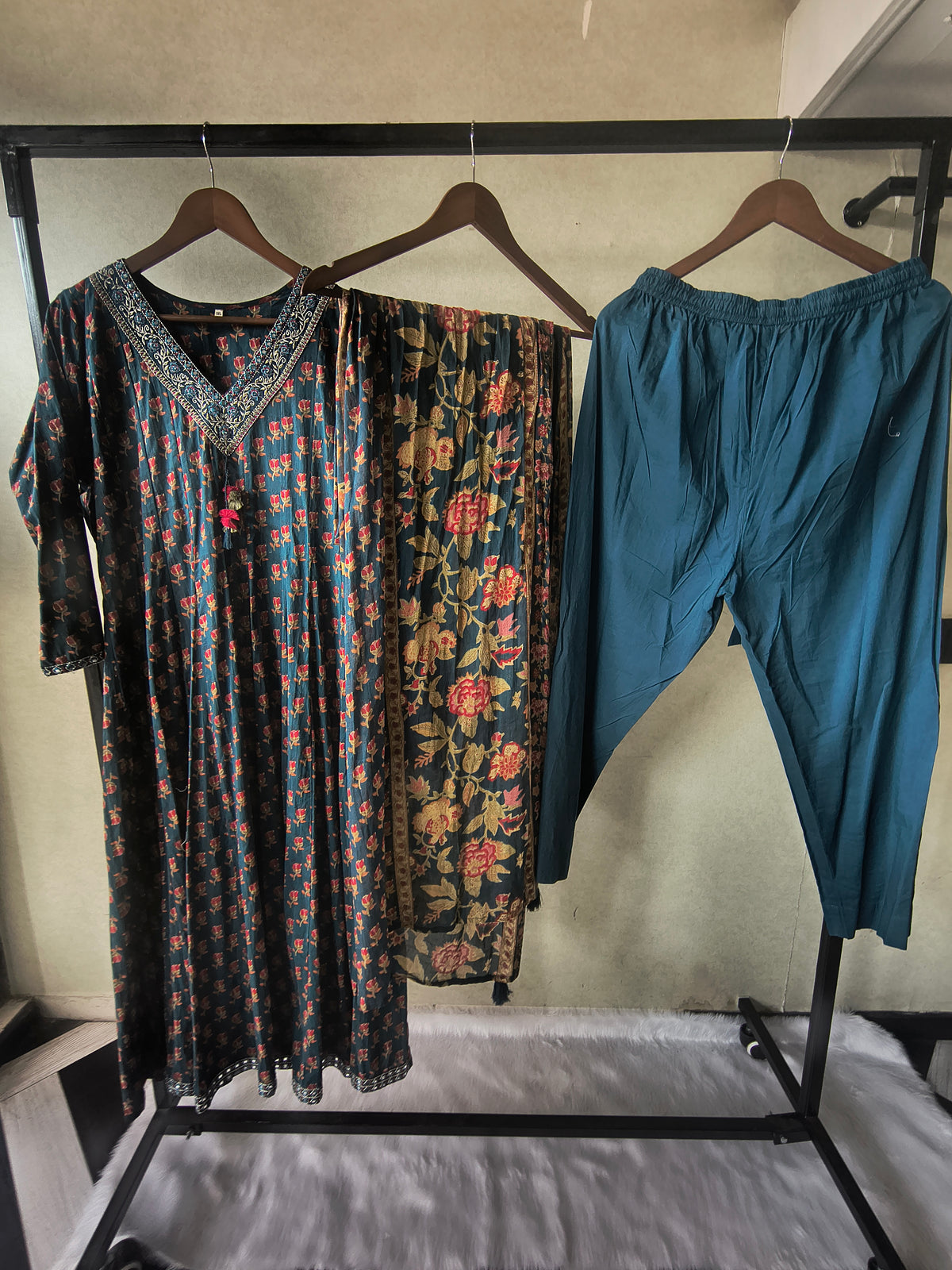 Premium Teal Blue Floral Printed Anarkali Kurta Set with Embroidered V-Neck, Solid Pants & Designer Printed Dupatta