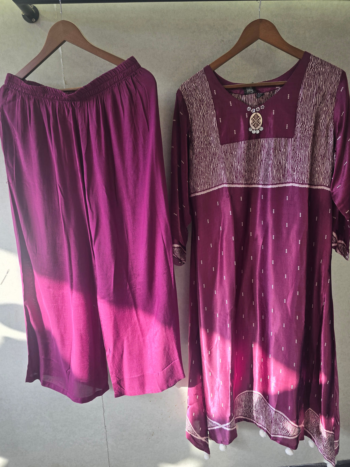 Plum Dotted Print Kurta Pant Set