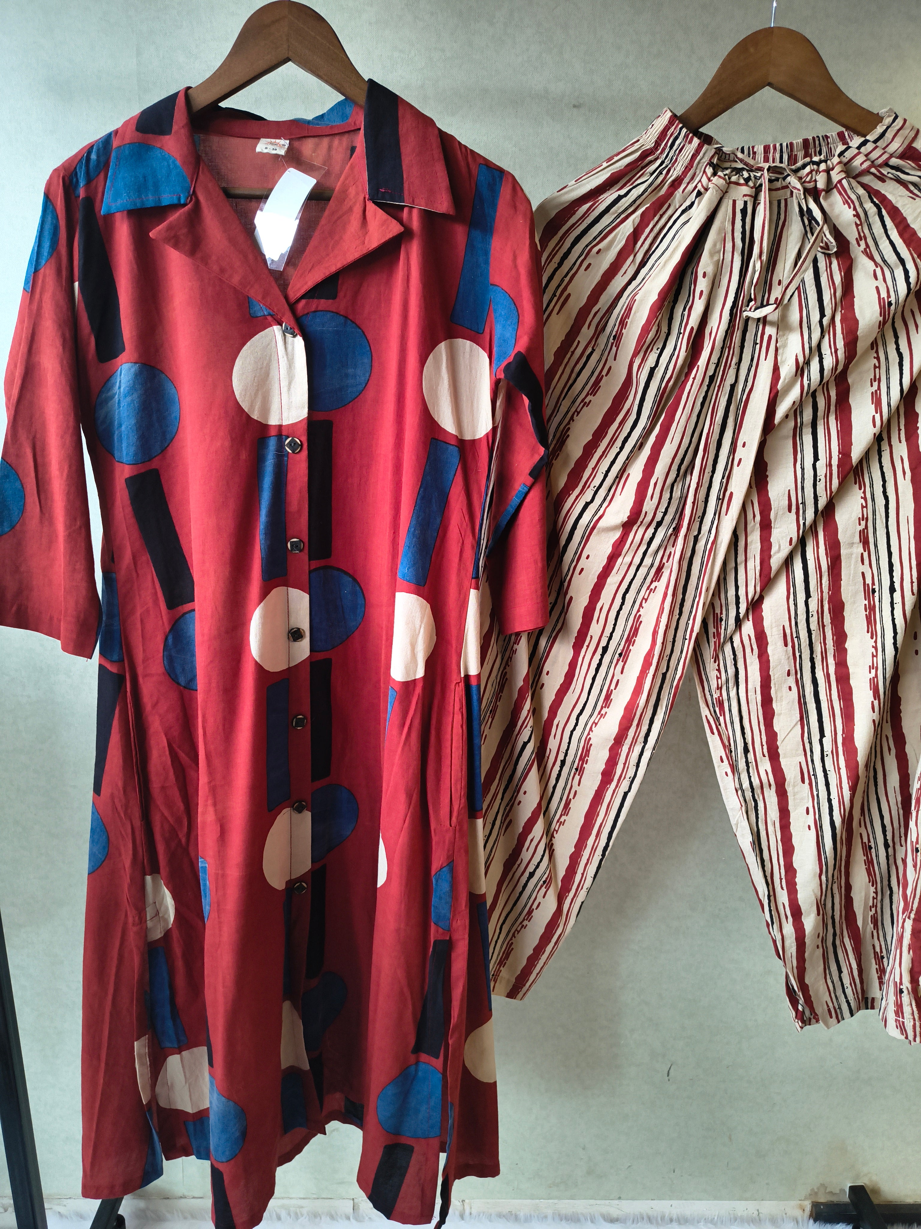 Image of Premium Rust Red Abstract Printed Shirt Kurta with Striped Relaxed Pants Co-Ord Set
