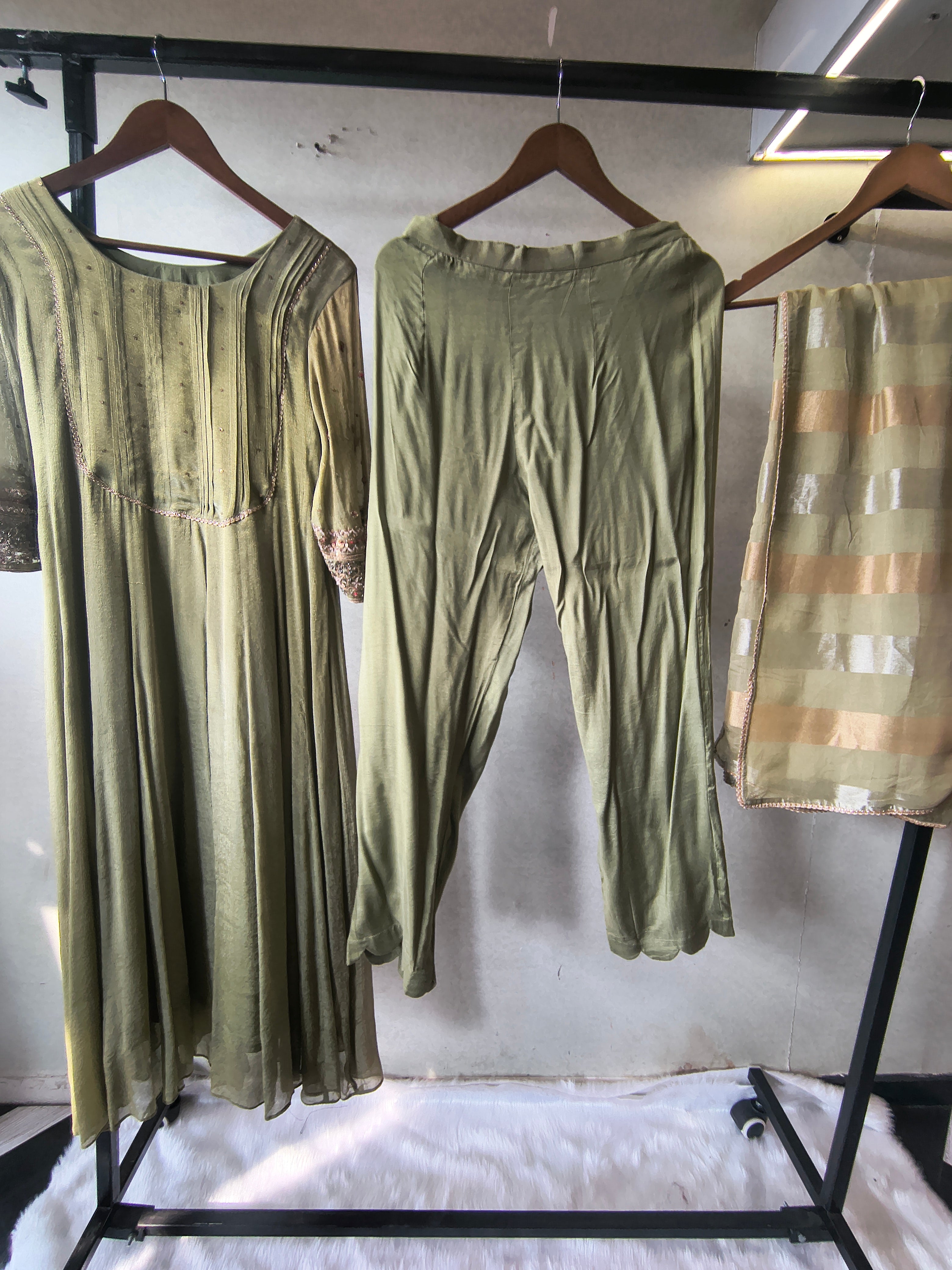 Image of Sage Green Georgette Anarkali Suit Set with Pintuck Yoke, Embroidered Sleeves & Metallic Striped Dupatta – Premium 3 Piece Ethnic Ensemble