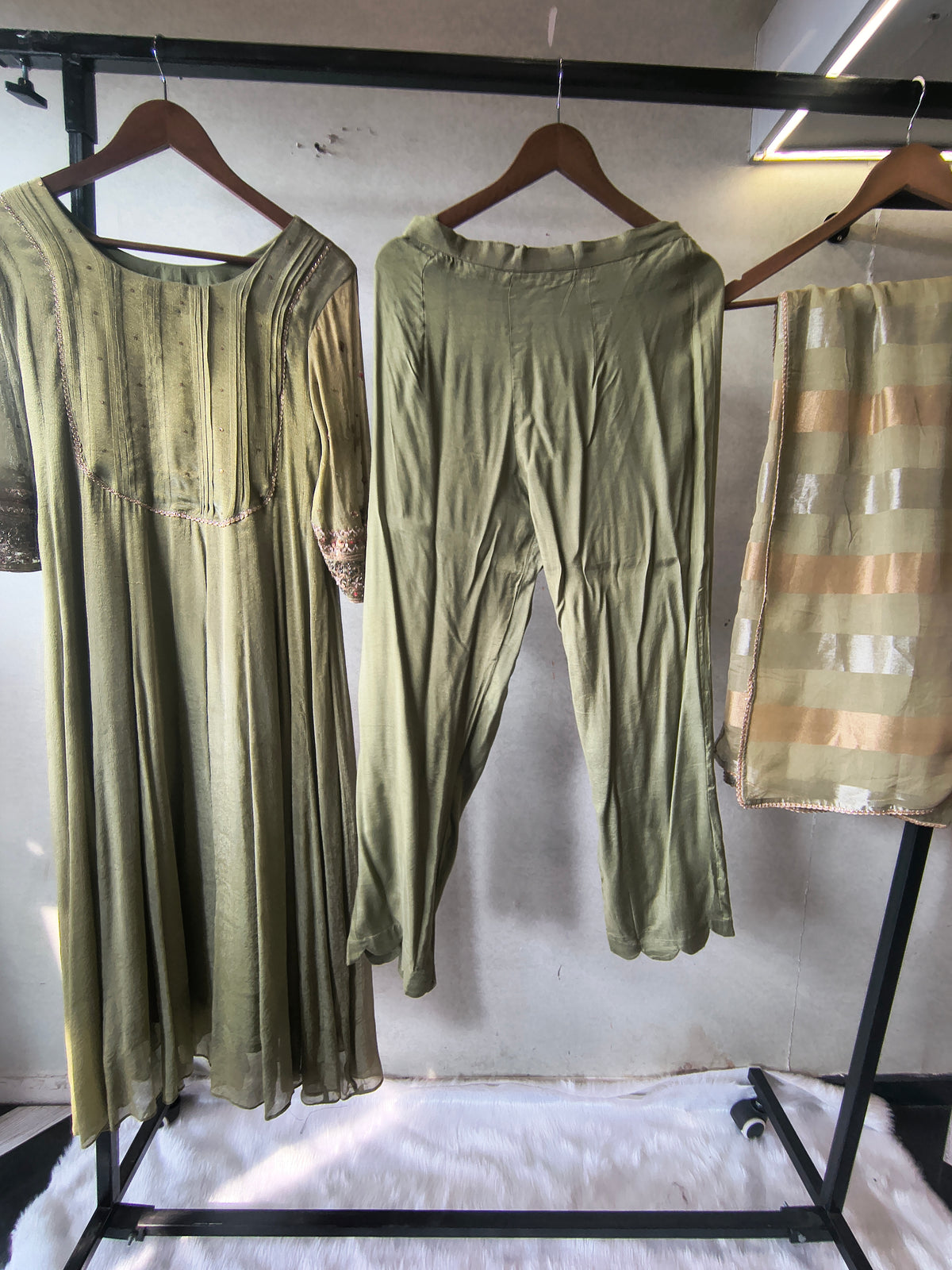 Sage Green Georgette Anarkali Suit Set with Pintuck Yoke, Embroidered Sleeves & Metallic Striped Dupatta – Premium 3 Piece Ethnic Ensemble