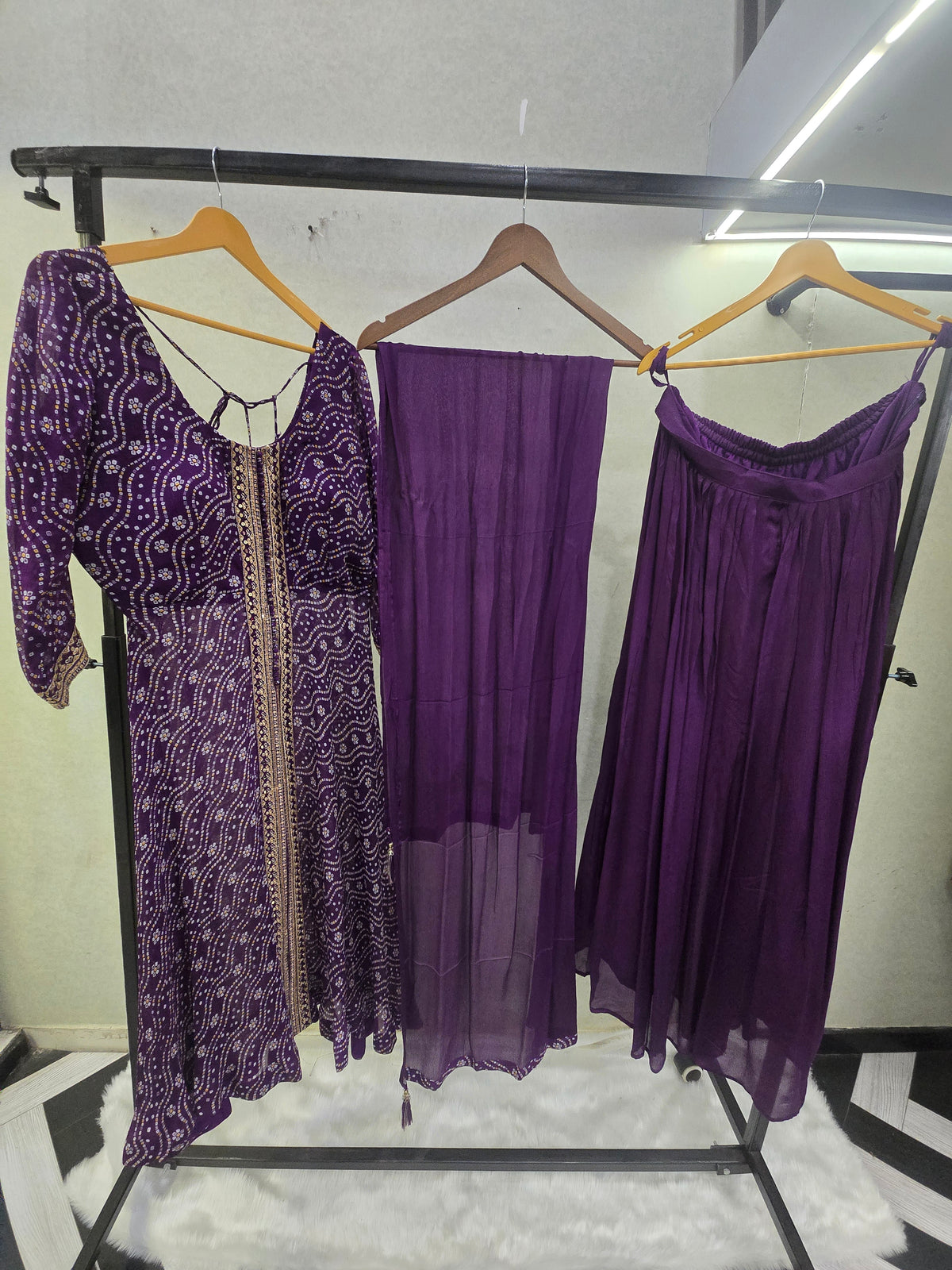 Royal Purple Bandhani Print Anarkali Kurta Set with Embellished Front Panel & Flared Palazzo | Premium 3 Piece Festive Ensemble